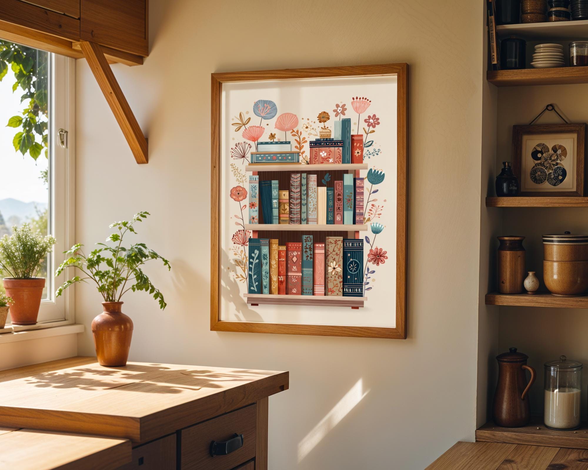 Floral Bookshelf Botanical Book Lover Whimsical Library Wall Art by The Wall Art Studio