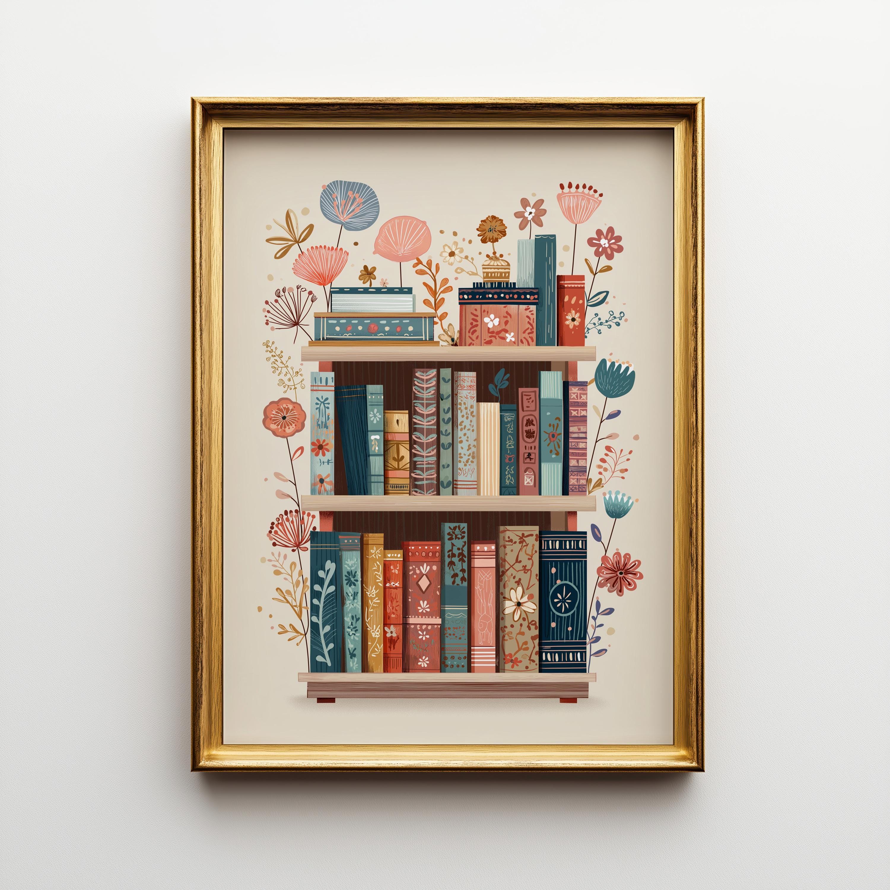 Floral Bookshelf Botanical Book Lover Whimsical Library Wall Art by The Wall Art Studio