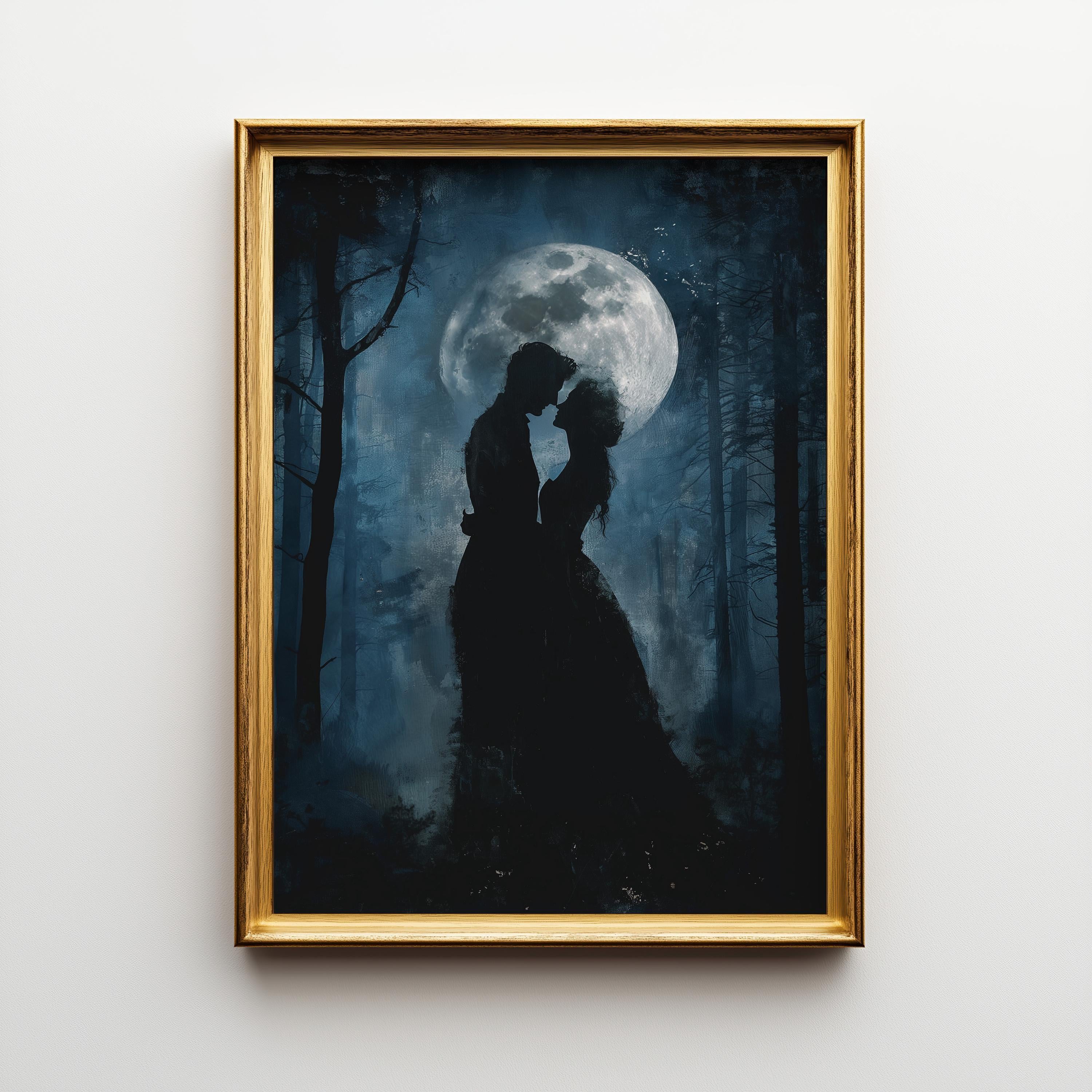 Gothic Moon Couple Dark Romantic Silhouette Moody Forest Night Wall Art by The Wall Art Studio