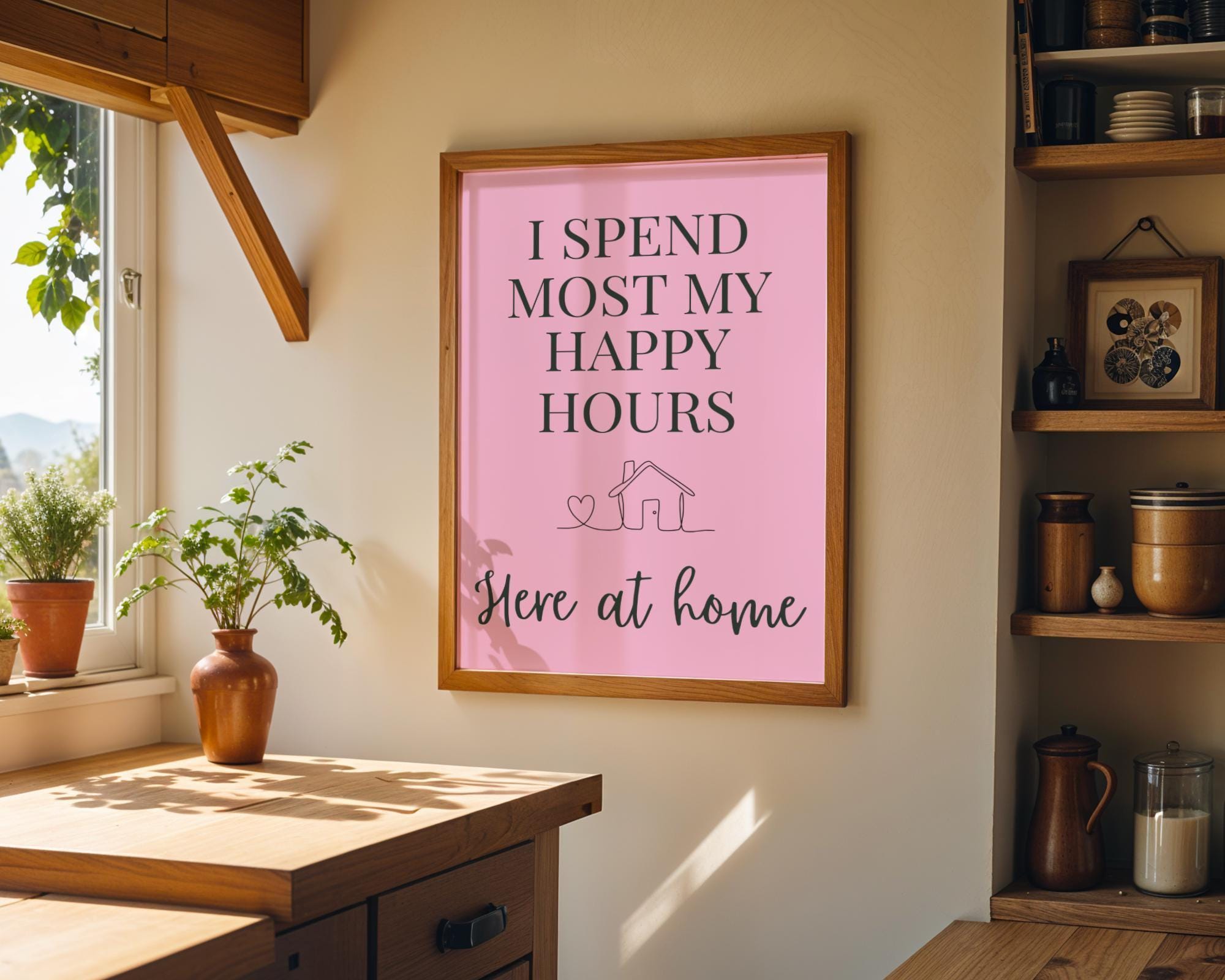 Pink Quote Wall Art "I Spend Most My Happy Hours Here at Home" by The Wall Art Studio