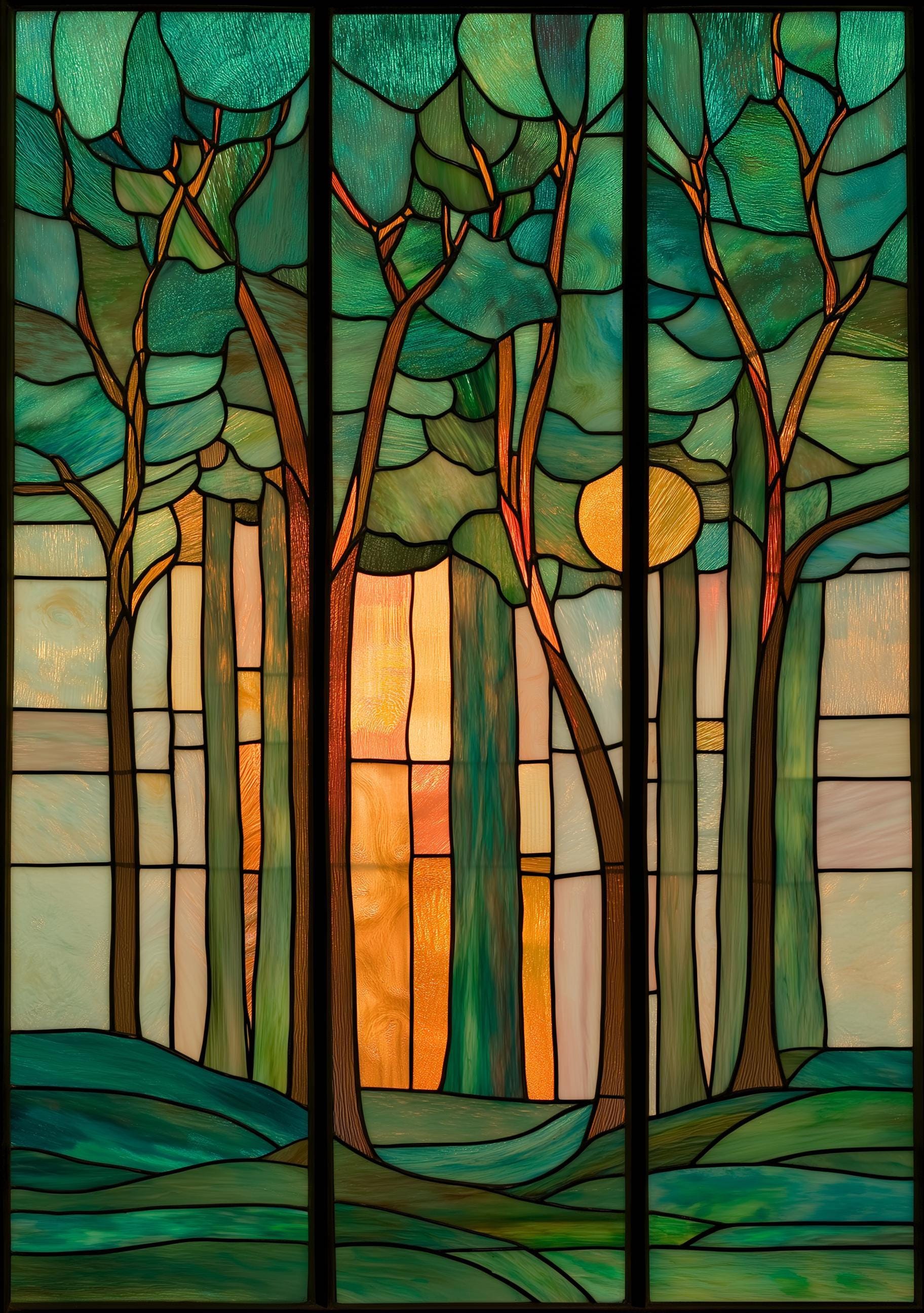 Stained Glass Forest Art Nouveau Tree Woodland Nature Wall Art