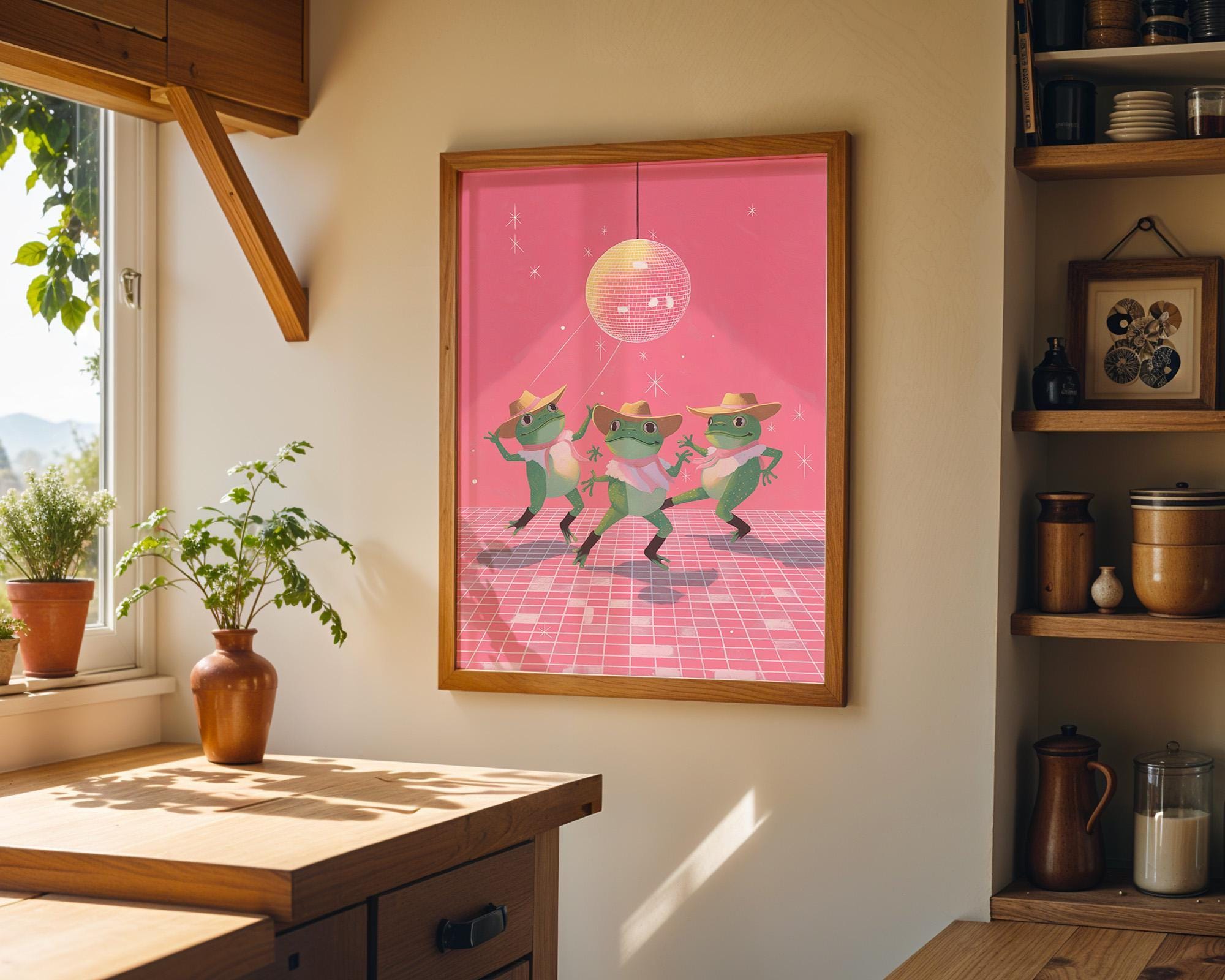 Funny Frog Disco Pink Retro Maximalist Wall Art by The Wall Art Studio - physical