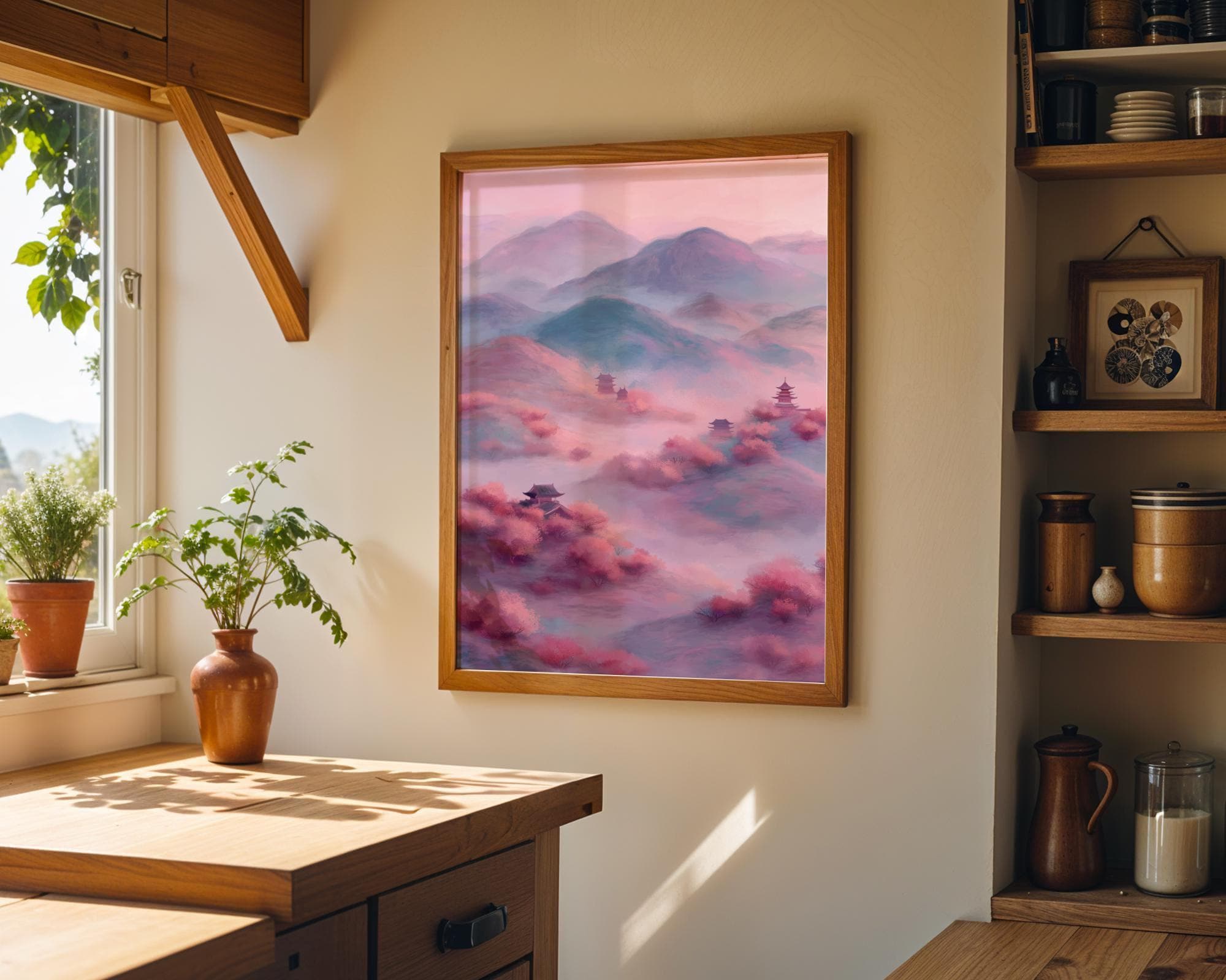 Chinoiserie Landscape Pastel Mountain Scenery Oriental Pagoda Wall Art by The Wall Art Studio - physical
