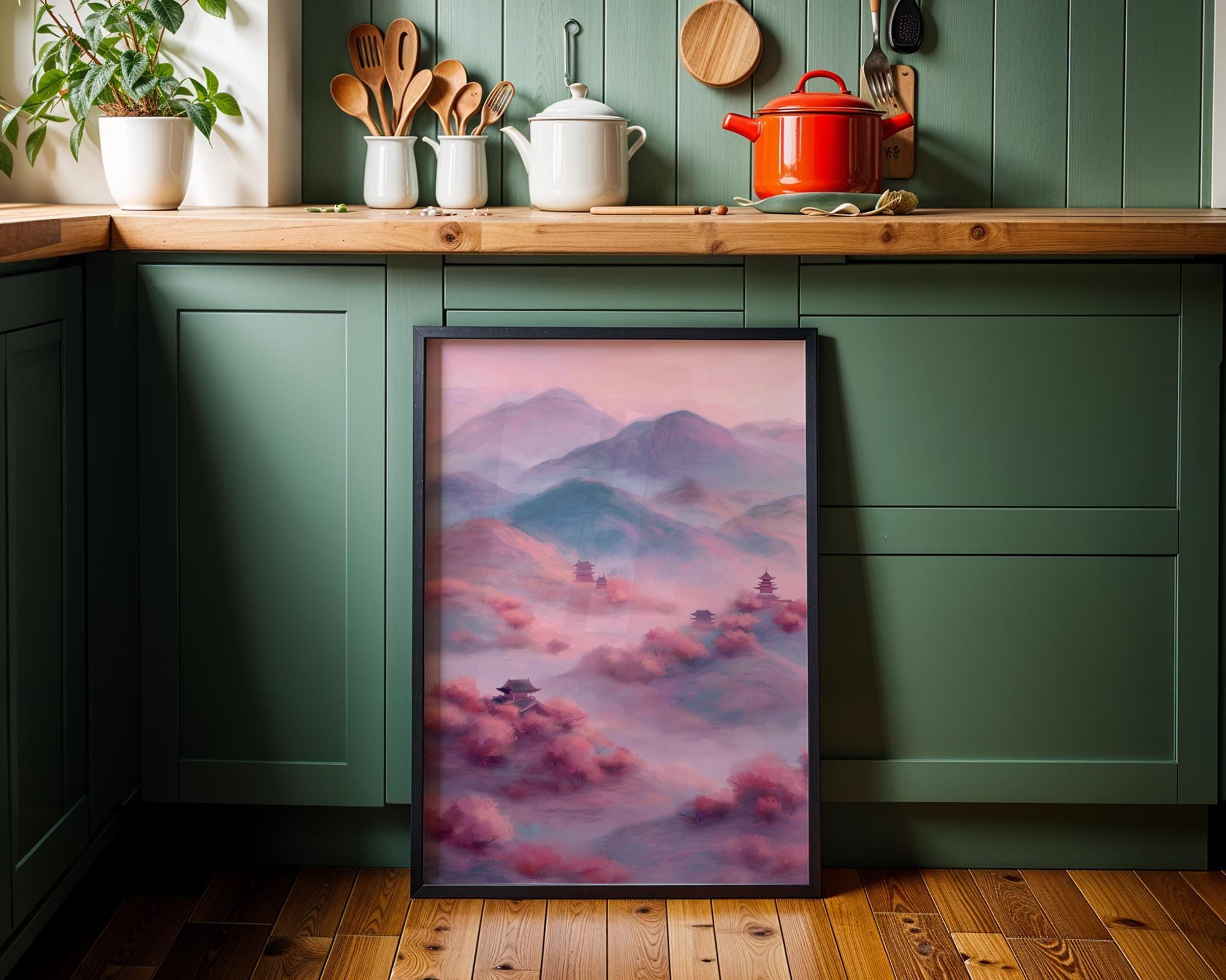 Chinoiserie Landscape Pastel Mountain Scenery Oriental Pagoda Wall Art by The Wall Art Studio - physical