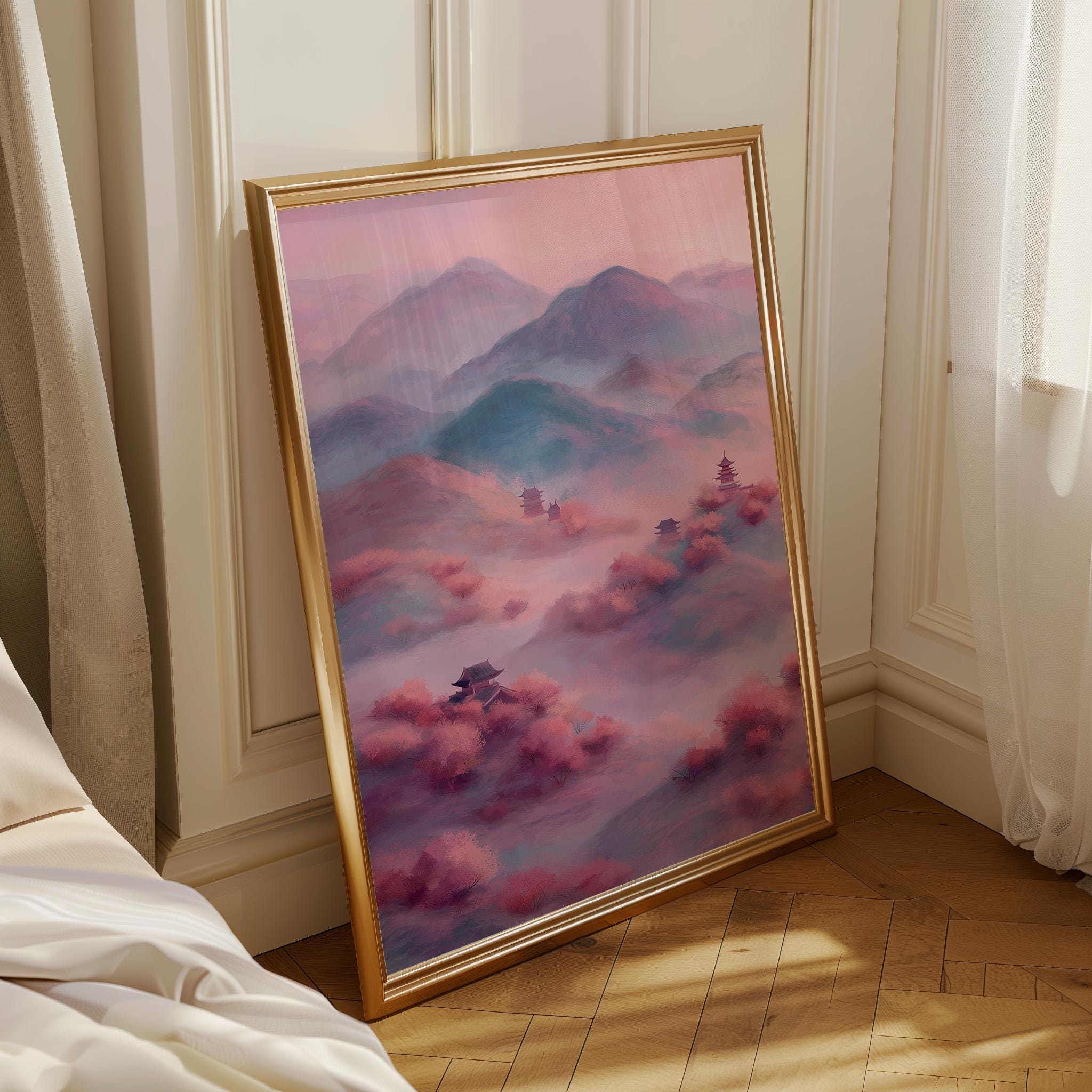 Chinoiserie Landscape Pastel Mountain Scenery Oriental Pagoda Wall Art by The Wall Art Studio - physical