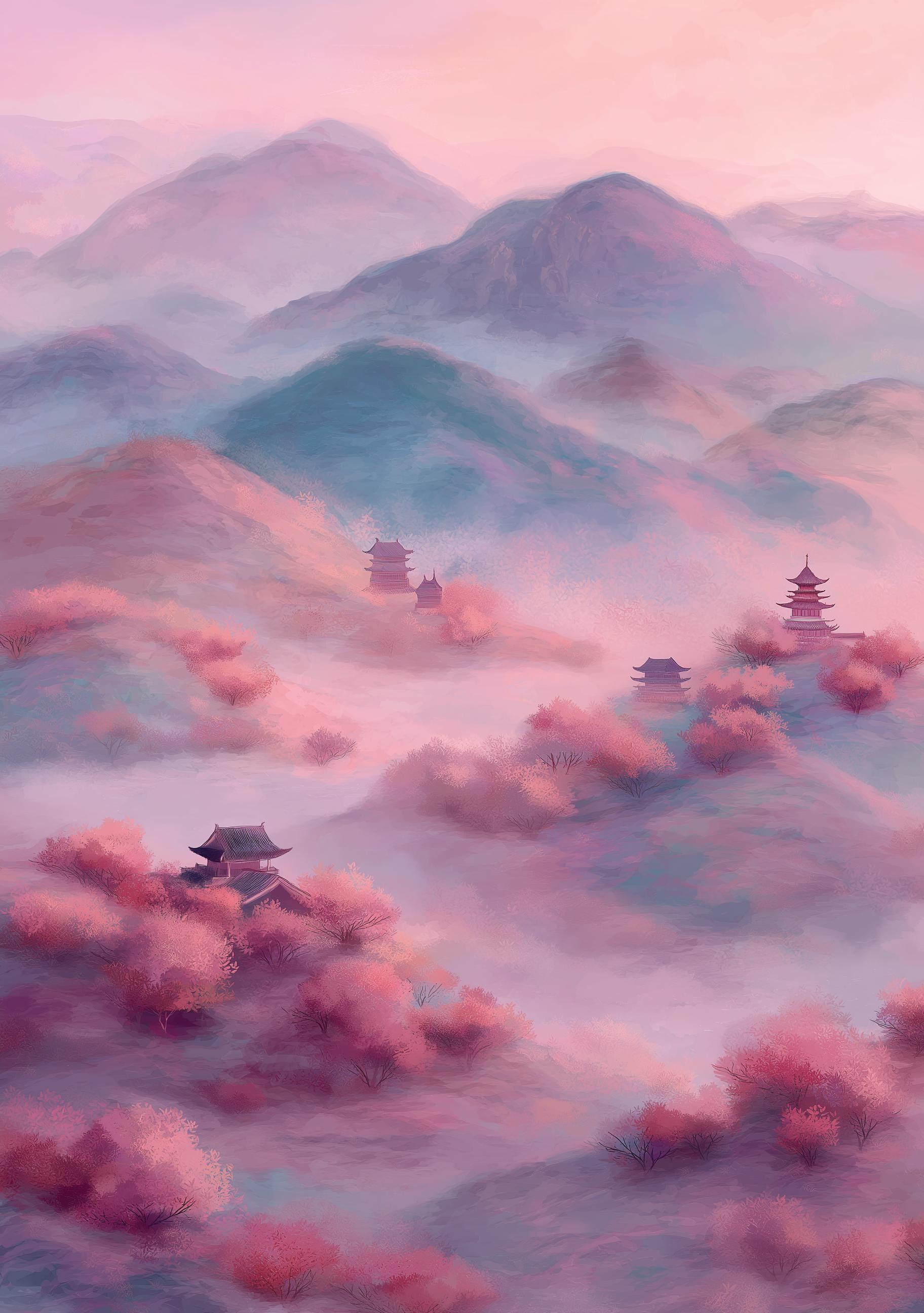 Chinoiserie Landscape Pastel Mountain Scenery Oriental Pagoda Wall Art by The Wall Art Studio - physical