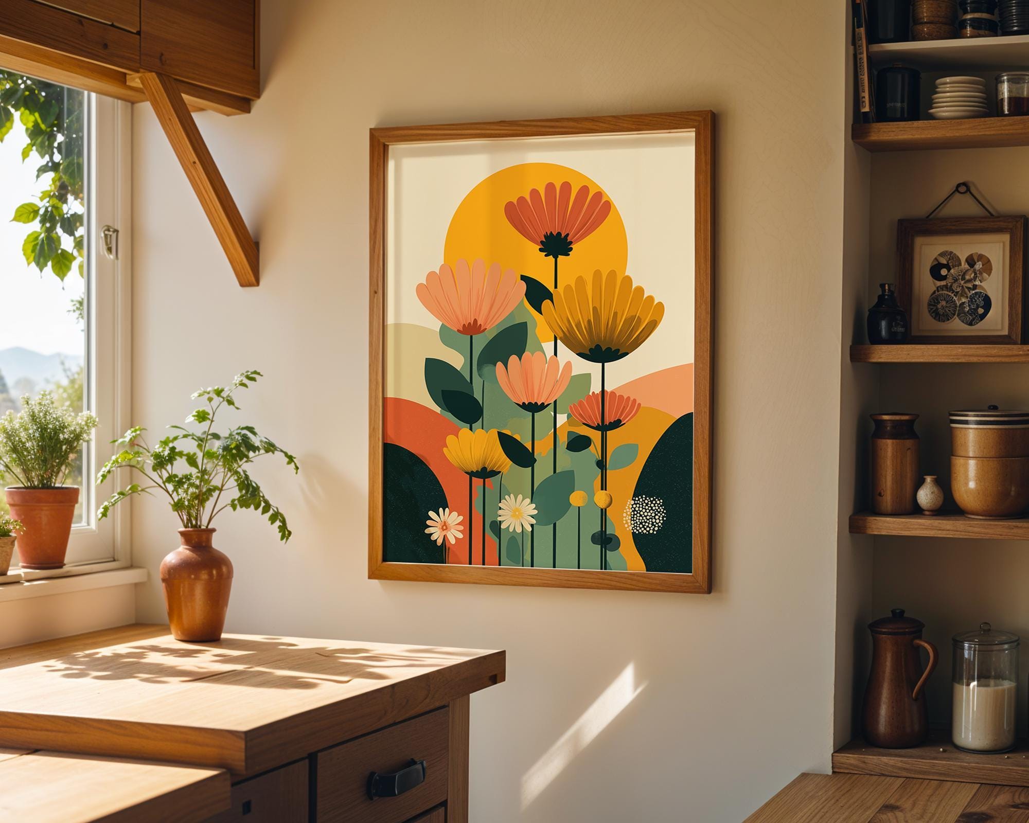 Mid Century Modern Floral Retro Abstract Flower Wall Art by The Wall Art Studio - physical