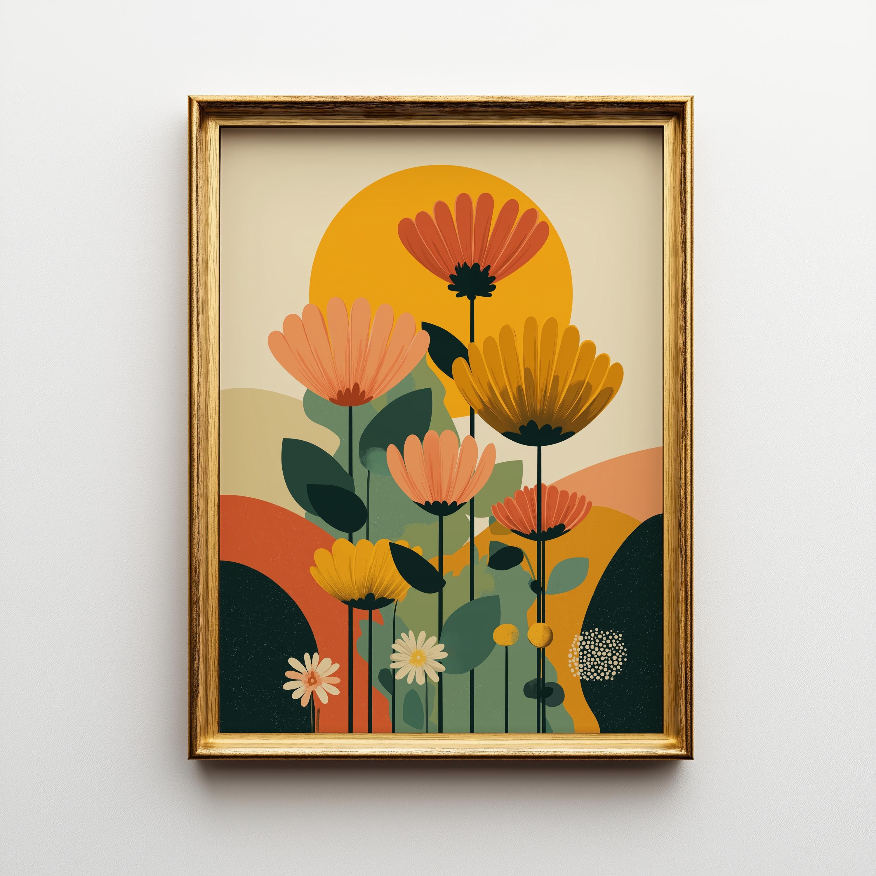 Mid Century Modern Floral Retro Abstract Flower Wall Art by The Wall Art Studio - physical