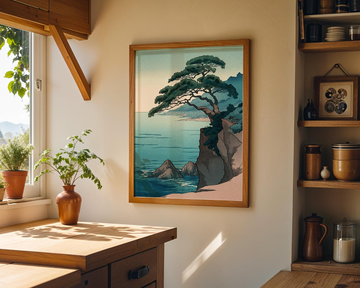 Japanese Coastal Vintage Pine Tree Ocean Wall Art by The Wall Art Studio
