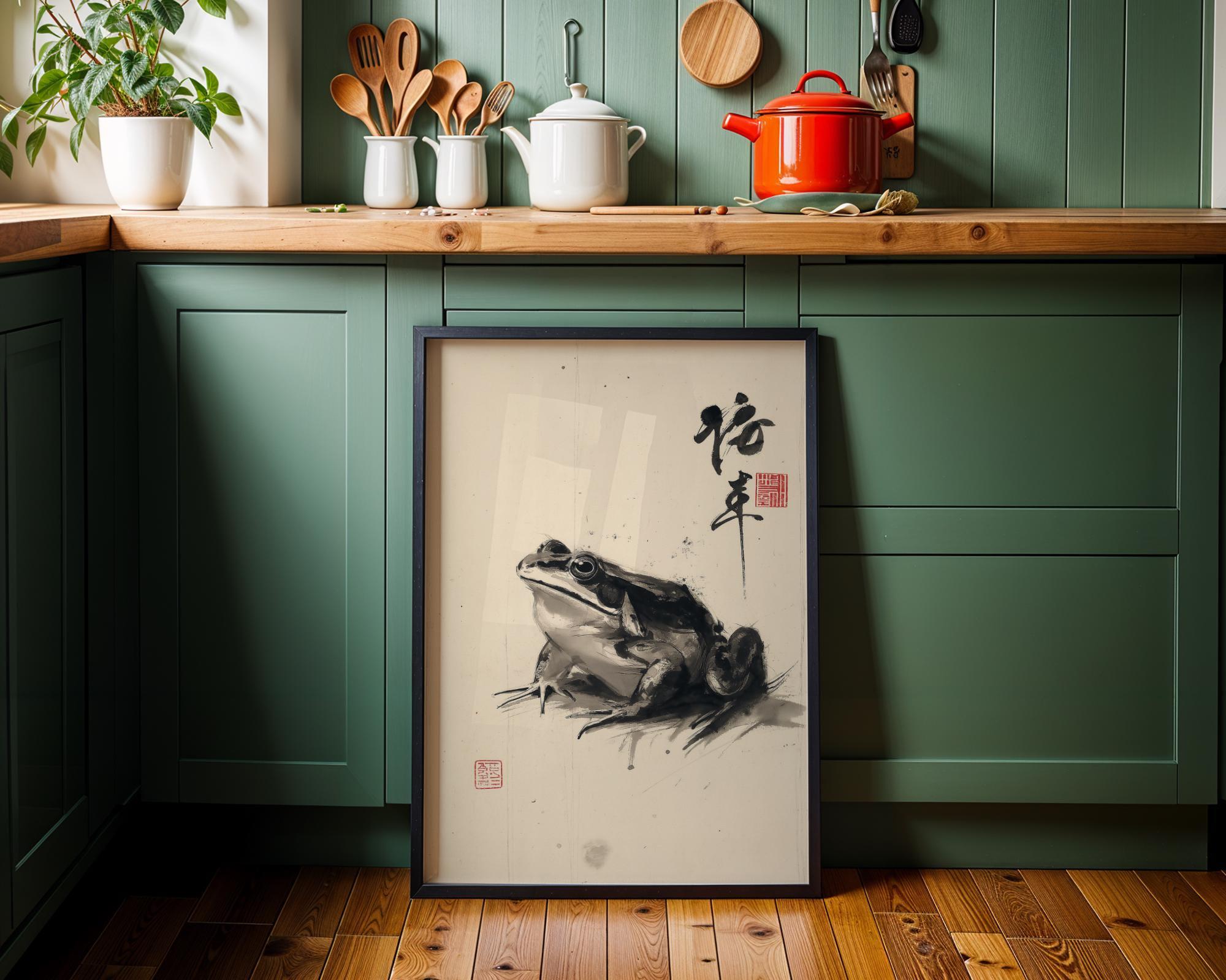 Zen Frog Ink Minimalist Japanese Sumi-e Wall Art by The Wall Art Studio