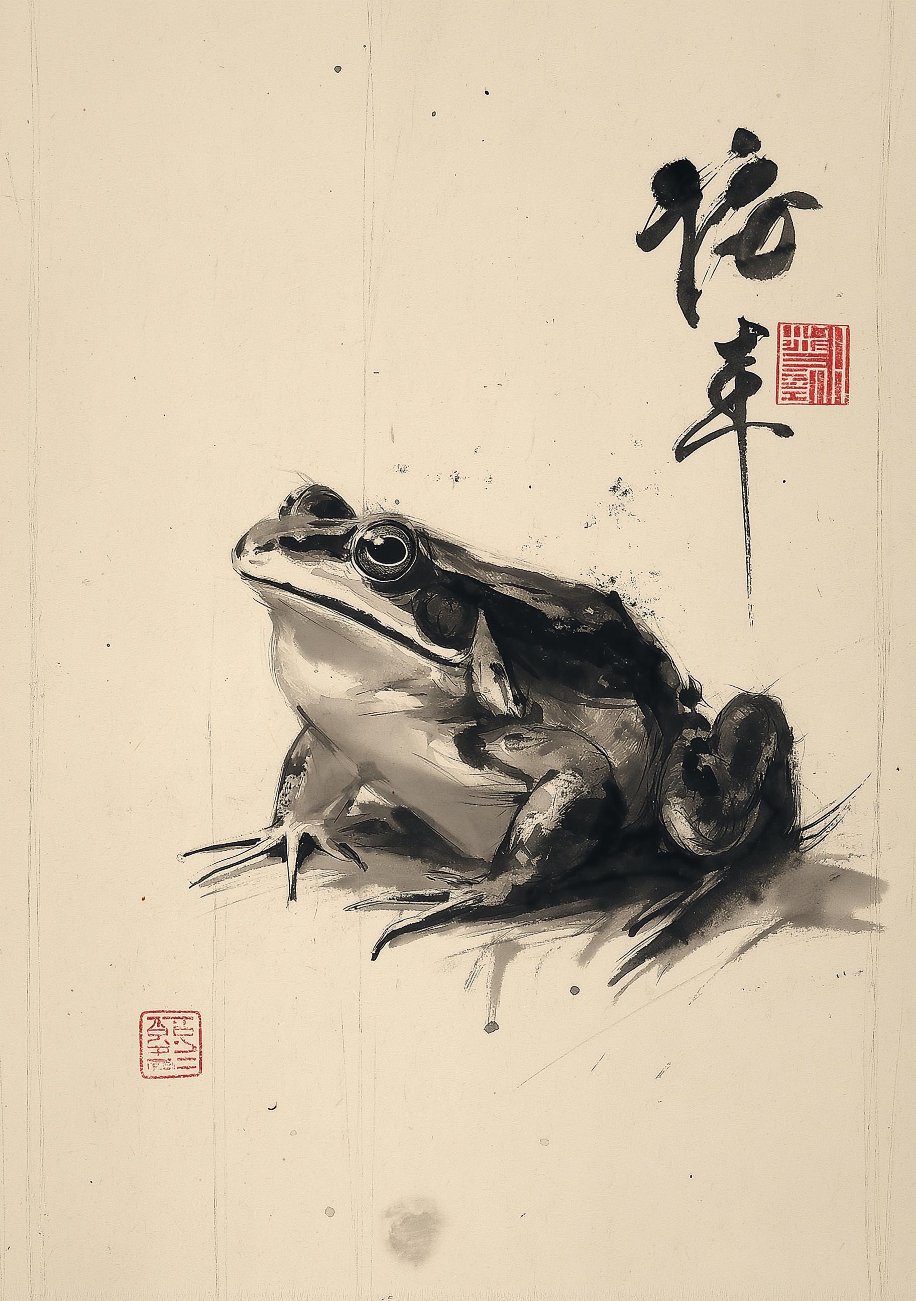 Zen Frog Ink Minimalist Japanese Sumi-e Wall Art by The Wall Art Studio