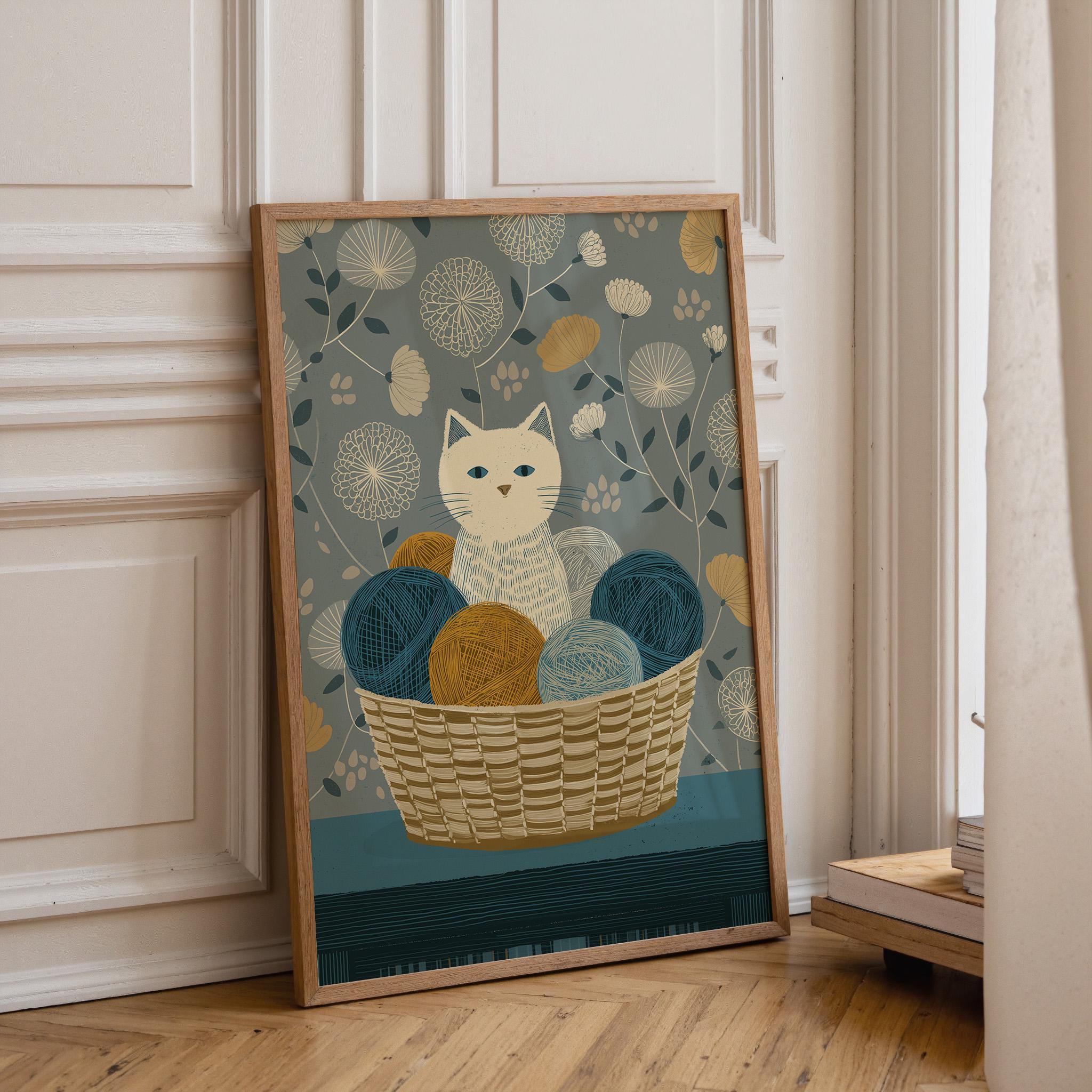 Cat Yarn Basket Knitting Cat Cozy Nursery Wall Art by The Wall Art Studio