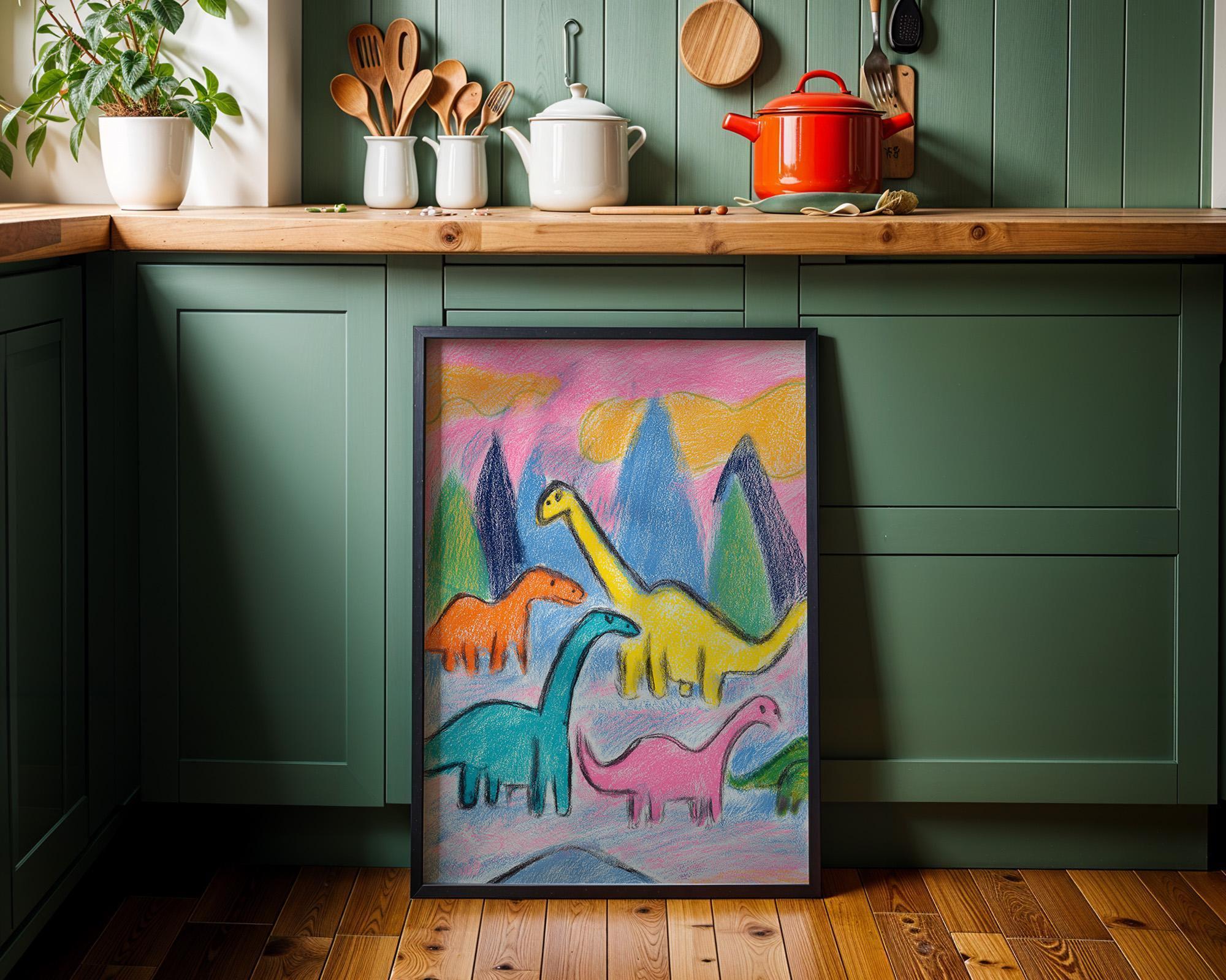 Kids Dinosaur Crayon Dino Drawing Colorful Nursery Playroom Wall Art by The Wall Art Studio