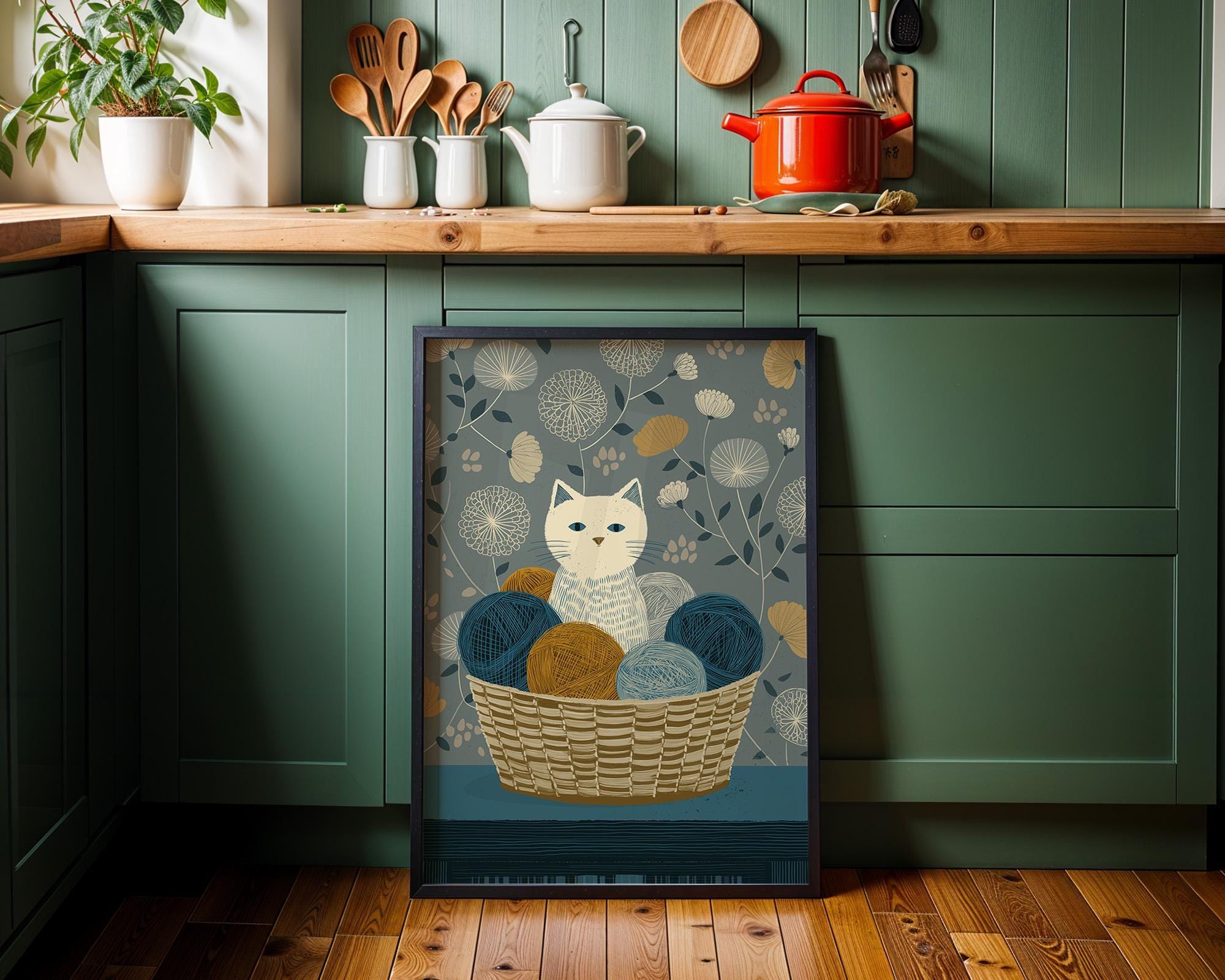 Cat Yarn Basket Knitting Cat Cozy Nursery Wall Art by The Wall Art Studio