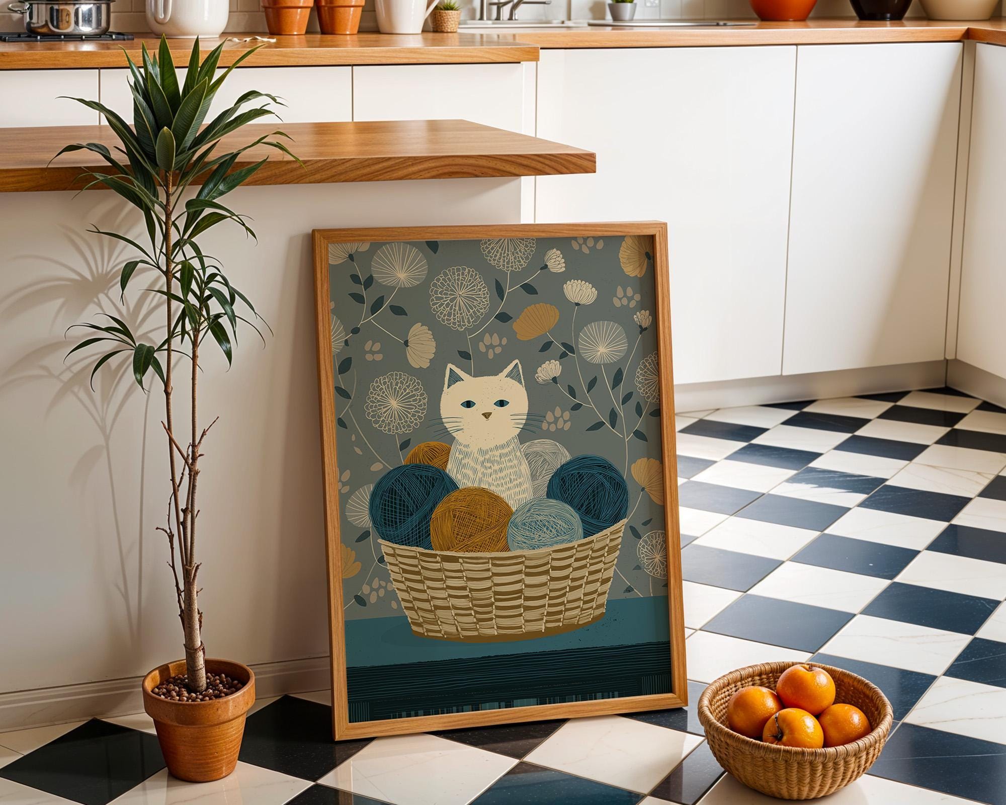 Cat Yarn Basket Knitting Cat Cozy Nursery Wall Art by The Wall Art Studio
