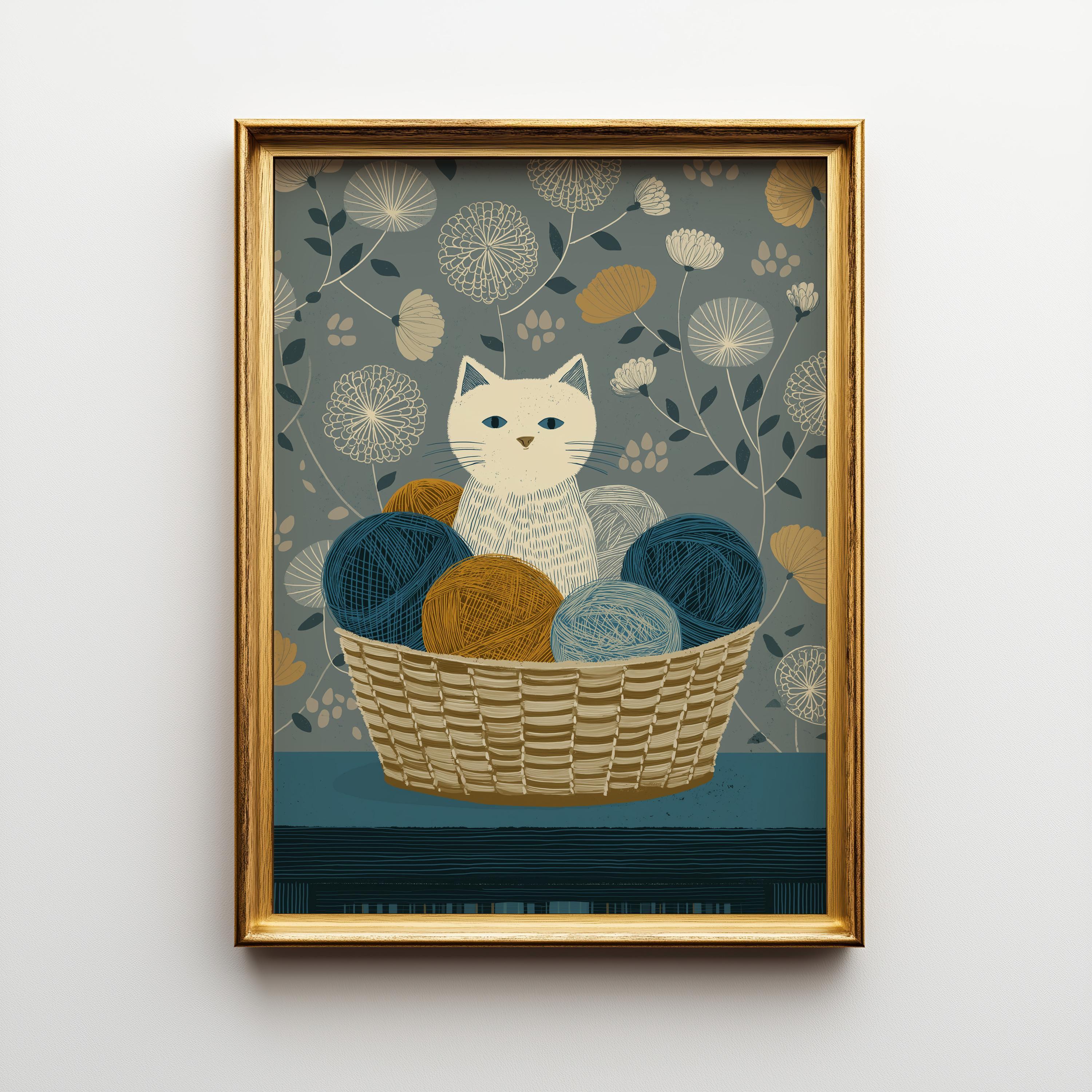 Cat Yarn Basket Knitting Cat Cozy Nursery Wall Art by The Wall Art Studio