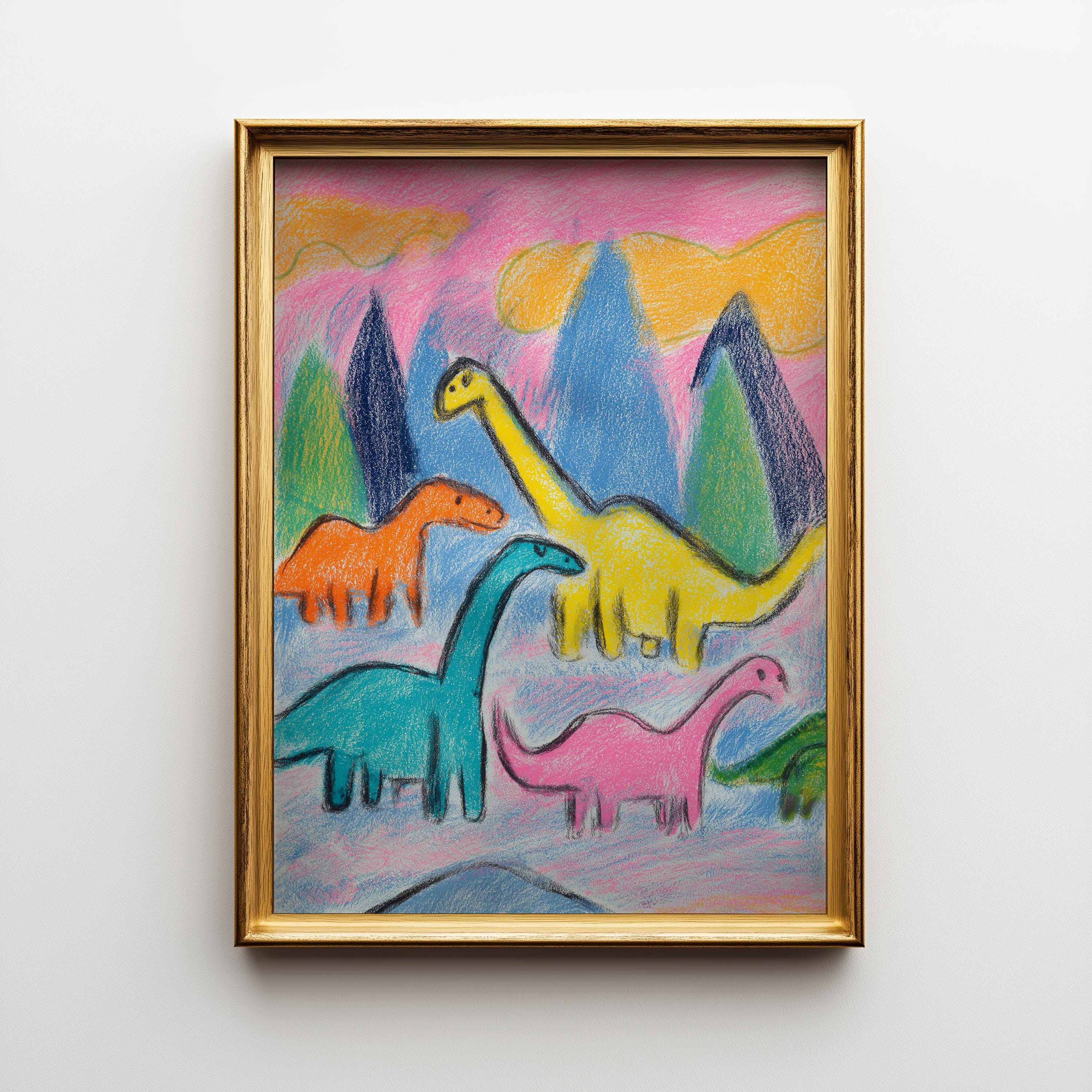 Kids Dinosaur Crayon Dino Drawing Colorful Nursery Playroom Wall Art by The Wall Art Studio