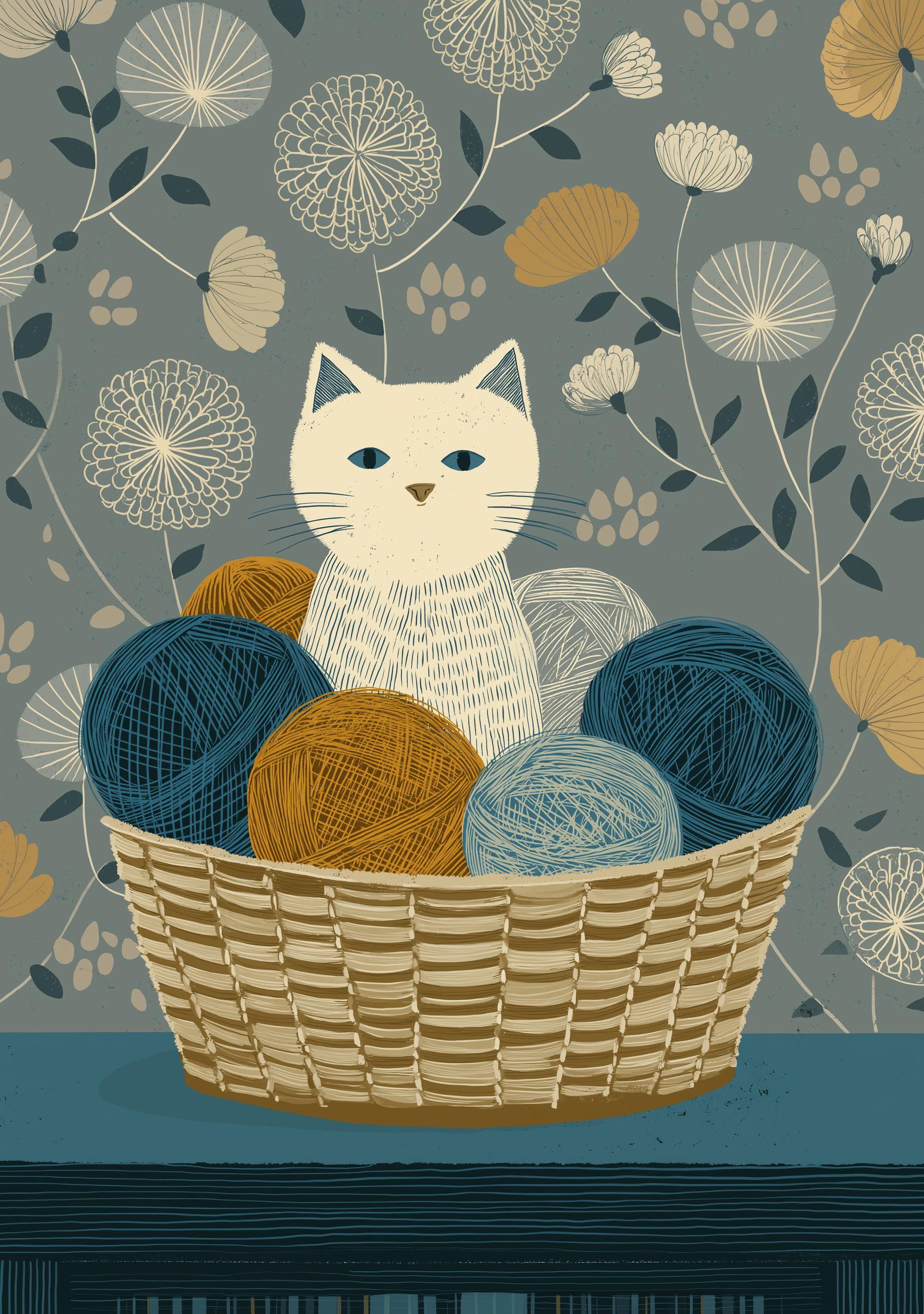 Cat Yarn Basket Knitting Cat Cozy Nursery Wall Art by The Wall Art Studio