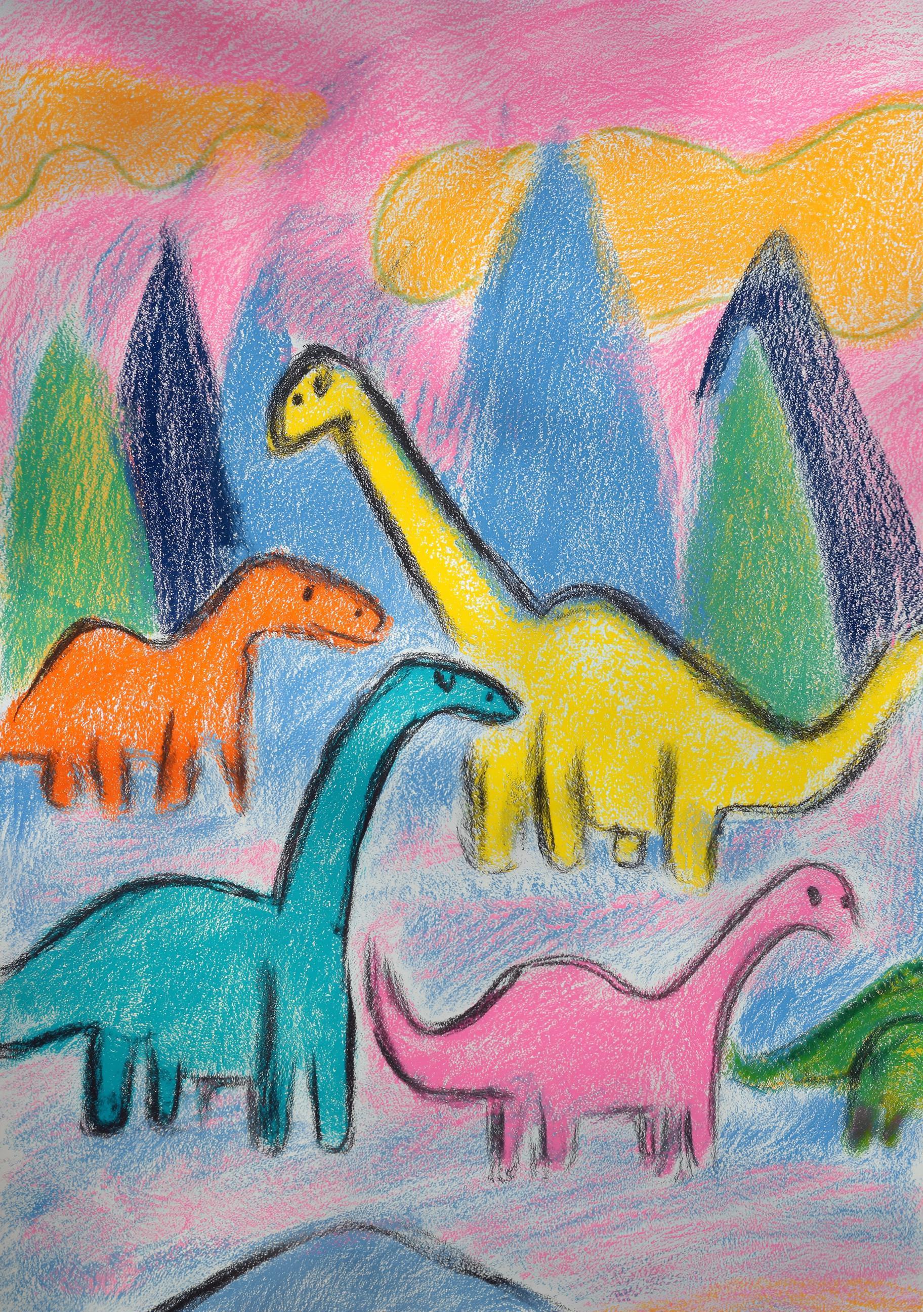Kids Dinosaur Crayon Dino Drawing Colorful Nursery Playroom Wall Art by The Wall Art Studio