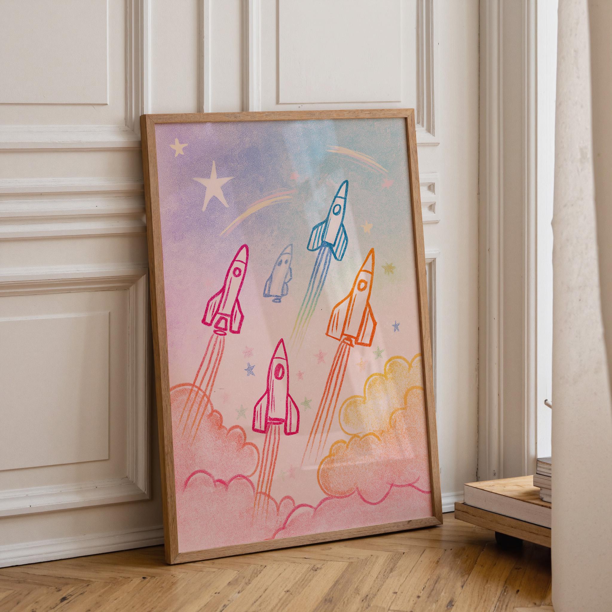 Rainbow Rocket Pastel Kids Space Nursery Wall Art by The Wall Art Studio