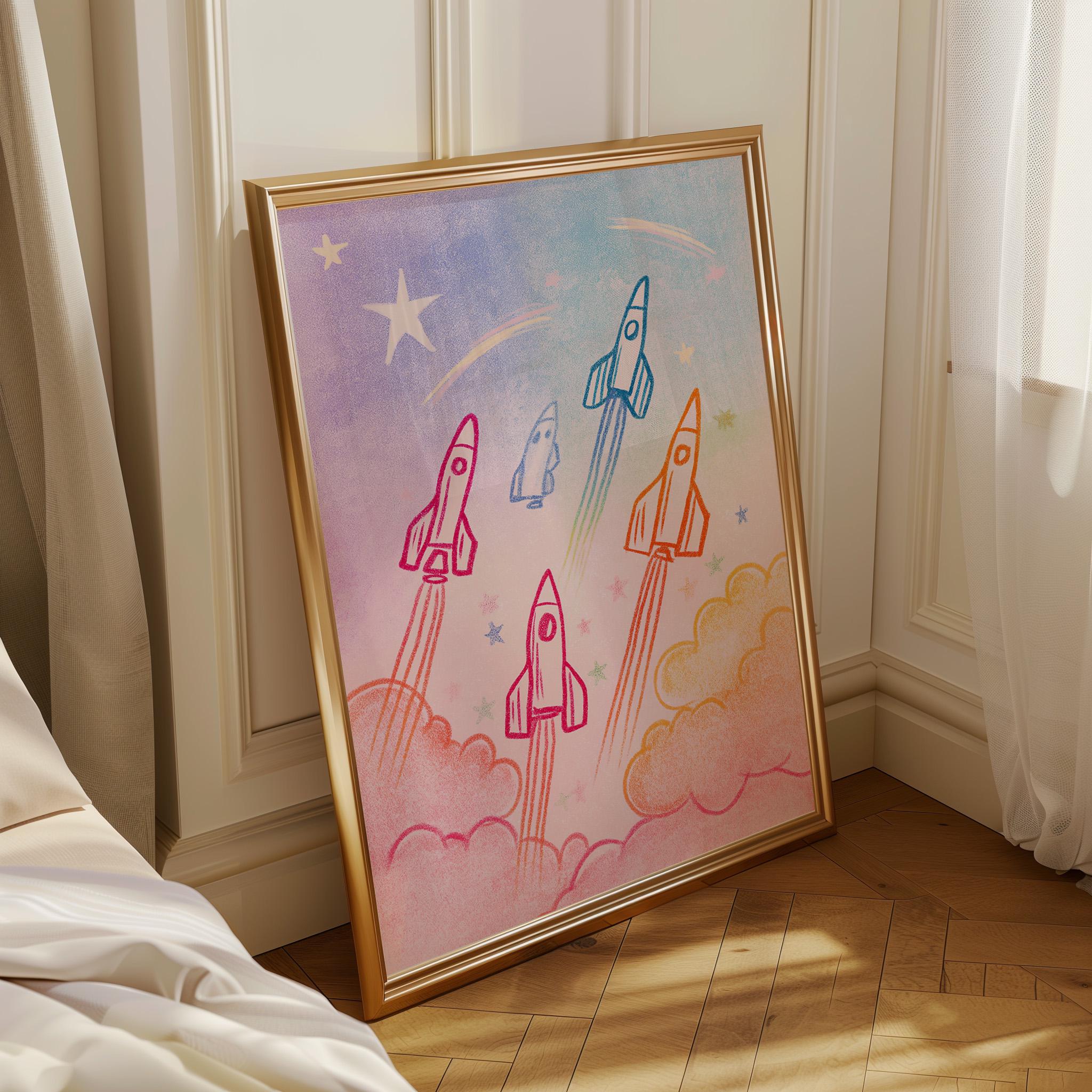 Rainbow Rocket Pastel Kids Space Nursery Wall Art by The Wall Art Studio