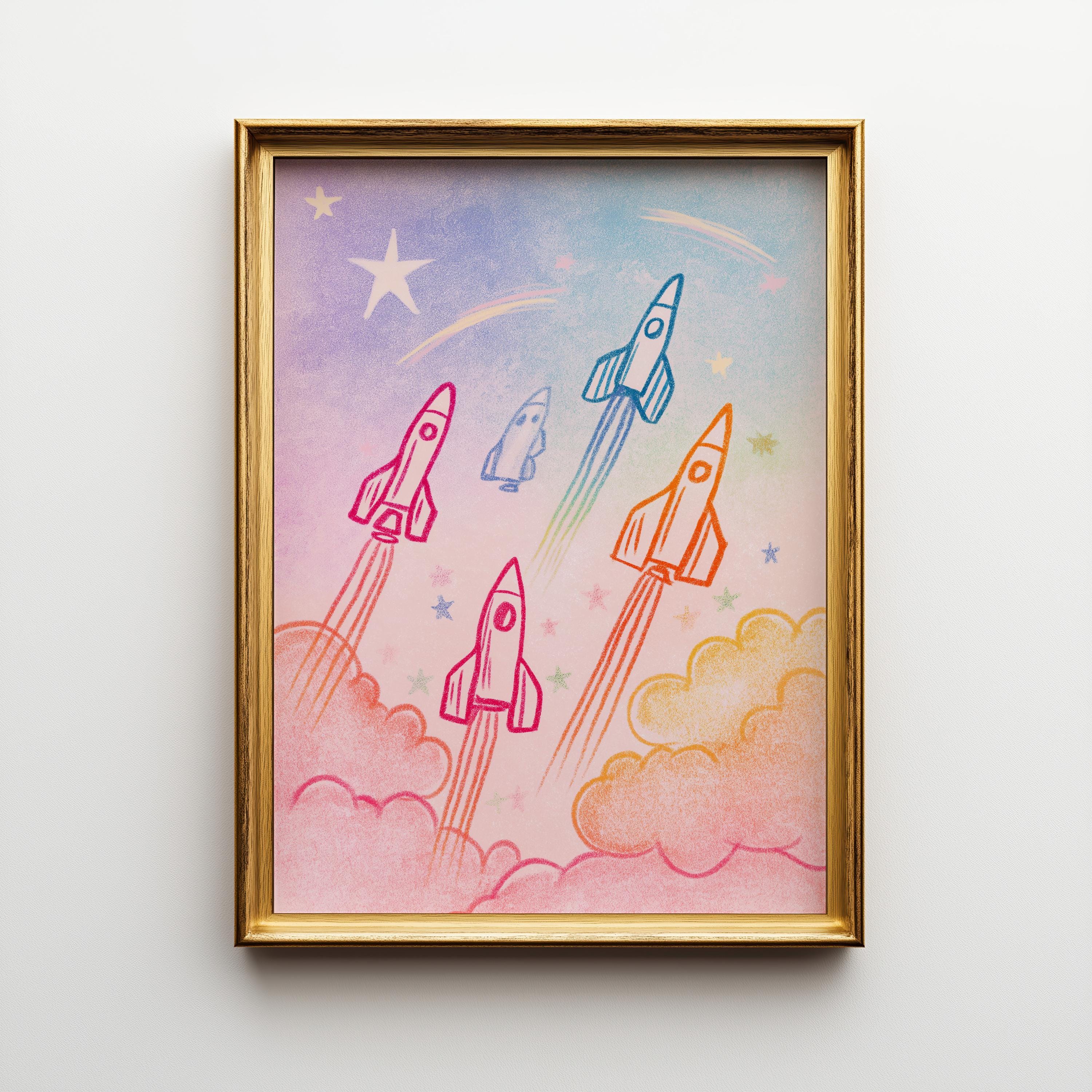 Rainbow Rocket Pastel Kids Space Nursery Wall Art by The Wall Art Studio