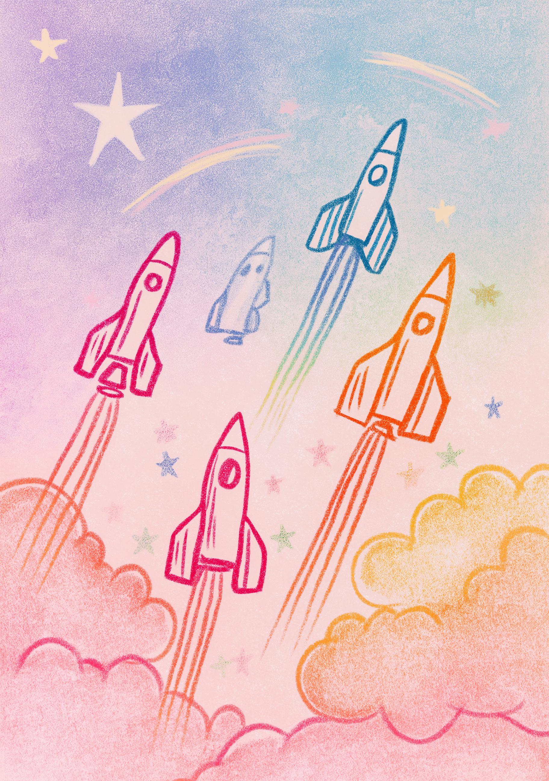 Rainbow Rocket Pastel Kids Space Nursery Wall Art by The Wall Art Studio
