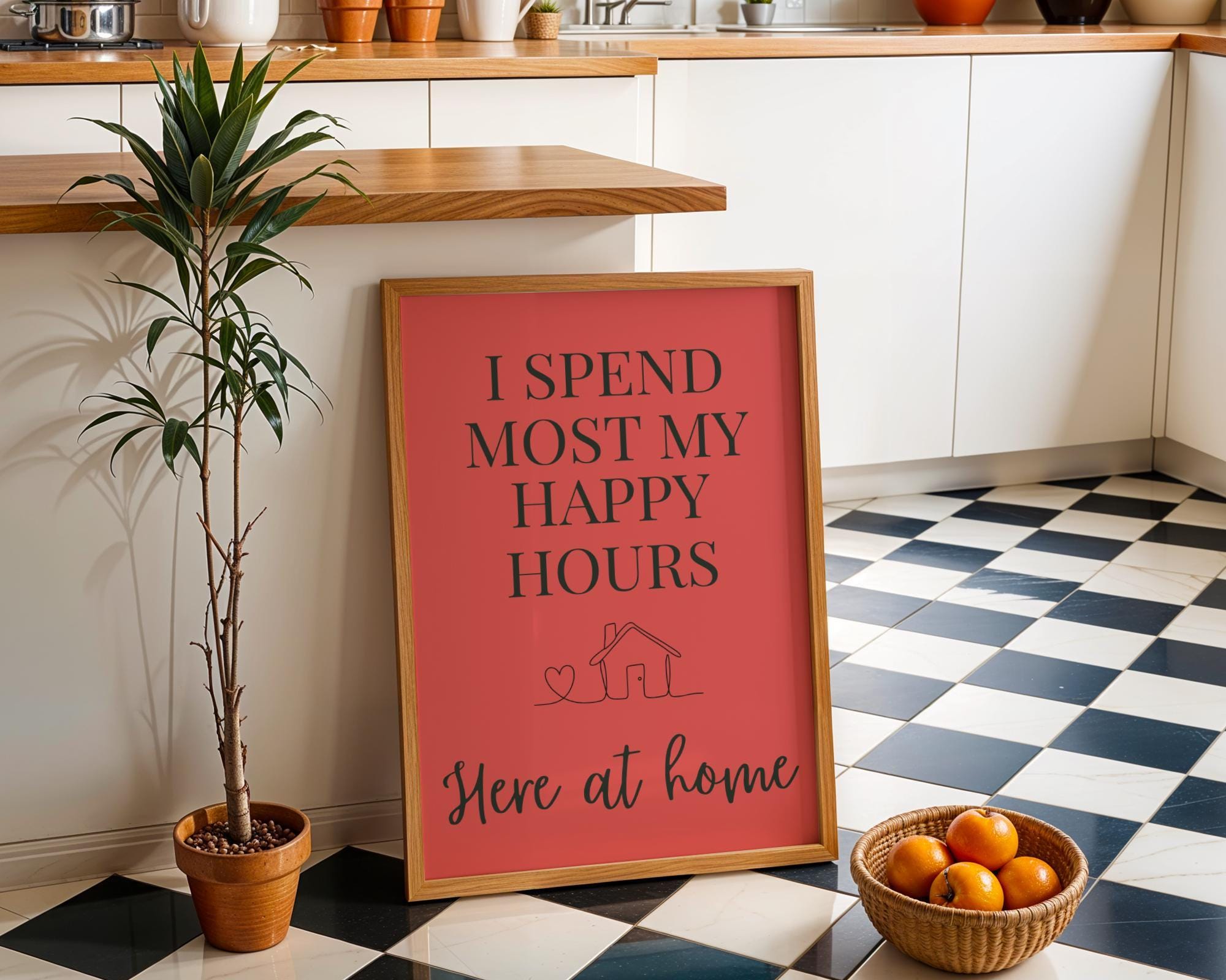 Peach Quote Wall Art "I Spend Most My Happy Hours Here at Home" by The Wall Art Studio