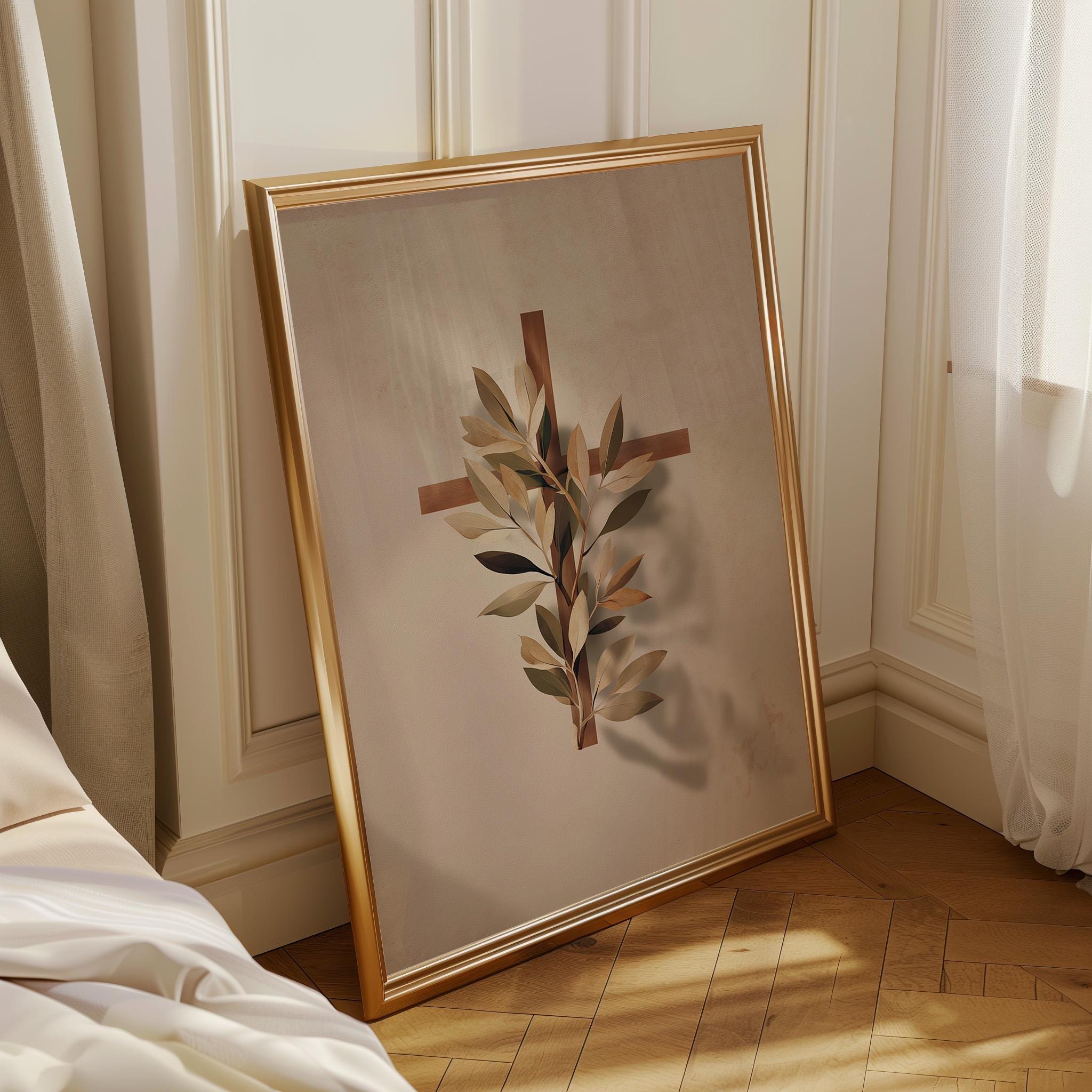 Christian Botanical Cross Neutral Faith Religious Wall Art by The Wall Art Studio