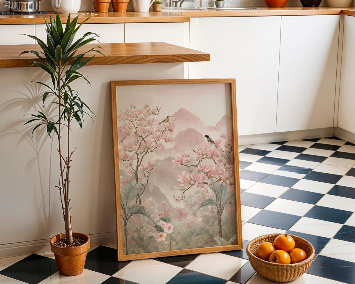 Chinoiserie Cherry Blossom Asian Landscape Soft Pastel Oriental Wall Art