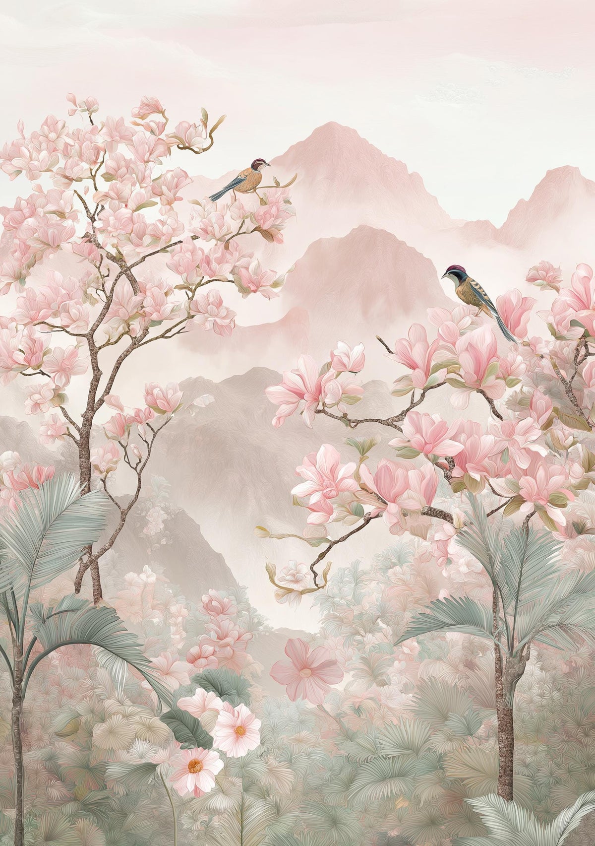 Chinoiserie Cherry Blossom Asian Landscape Soft Pastel Oriental Wall Art