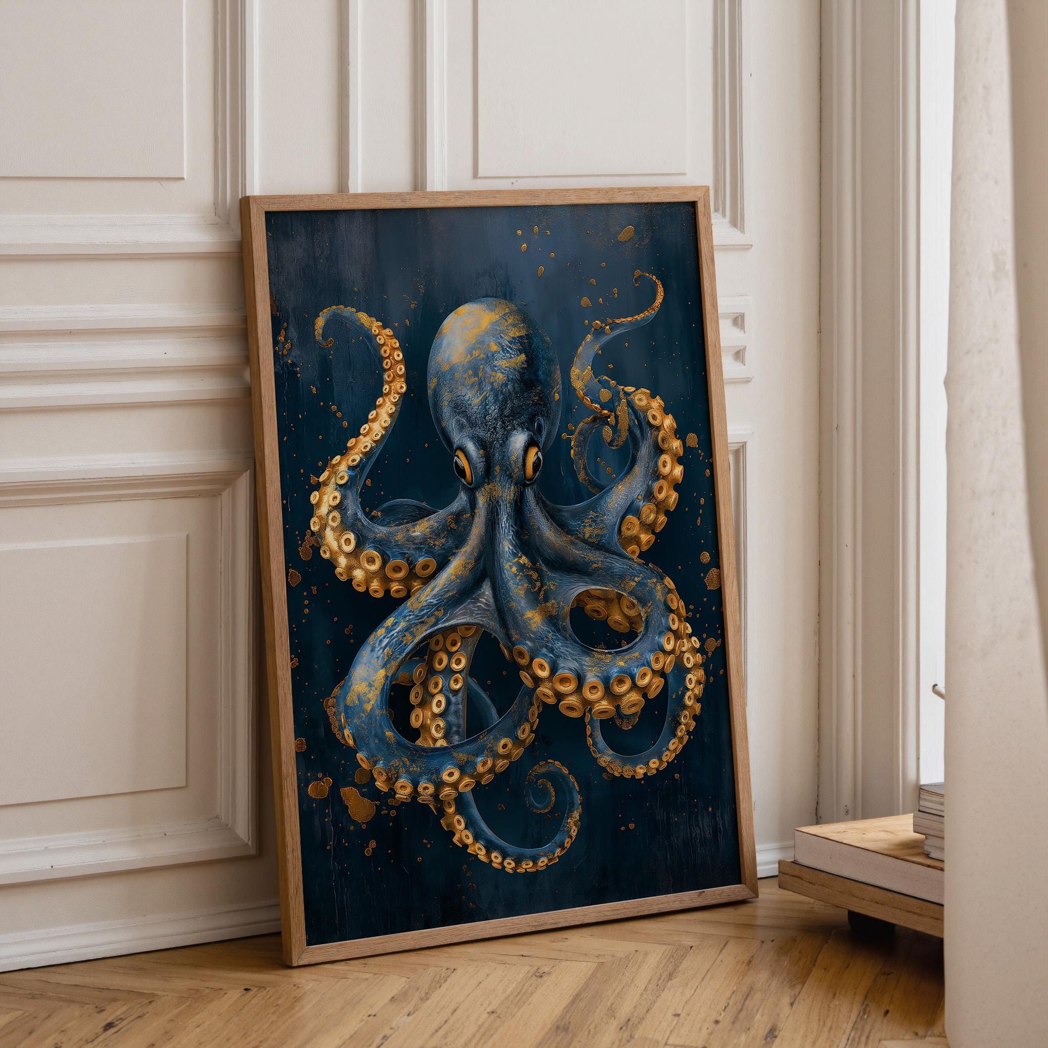 Octopus Wall Art Print, Nautical Coastal Décor, Blue and Gold Kraken Illustration, Maritime Study Artwork, Ocean Lover Gift