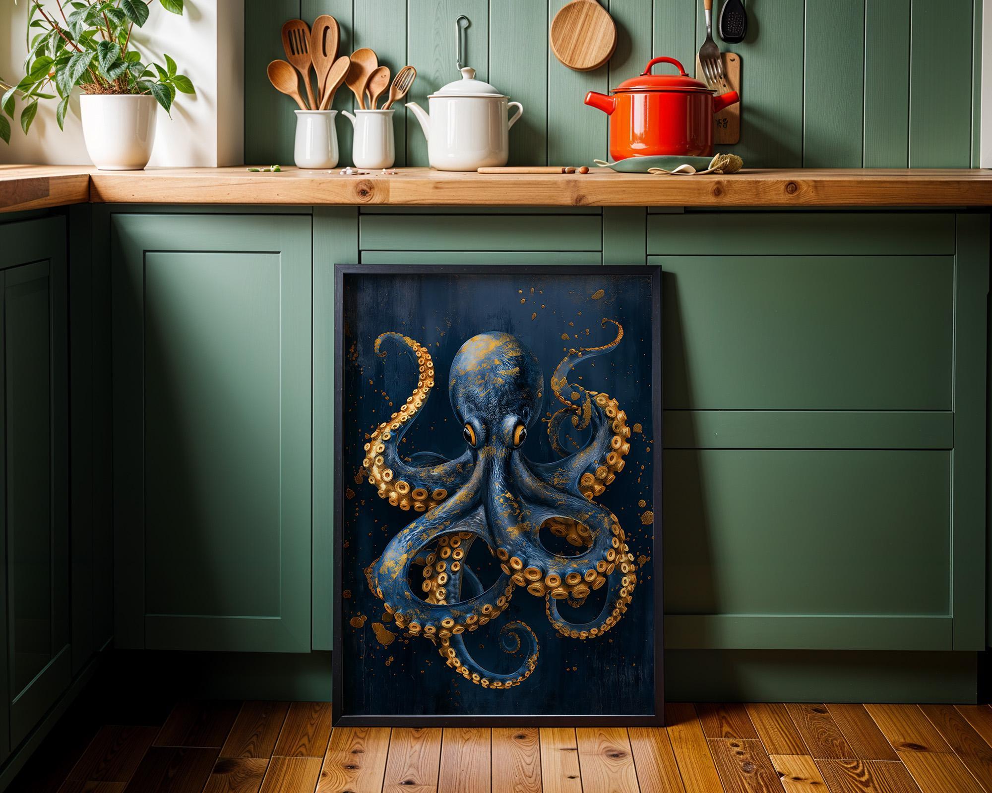 Octopus Wall Art Print, Nautical Coastal Décor, Blue and Gold Kraken Illustration, Maritime Study Artwork, Ocean Lover Gift