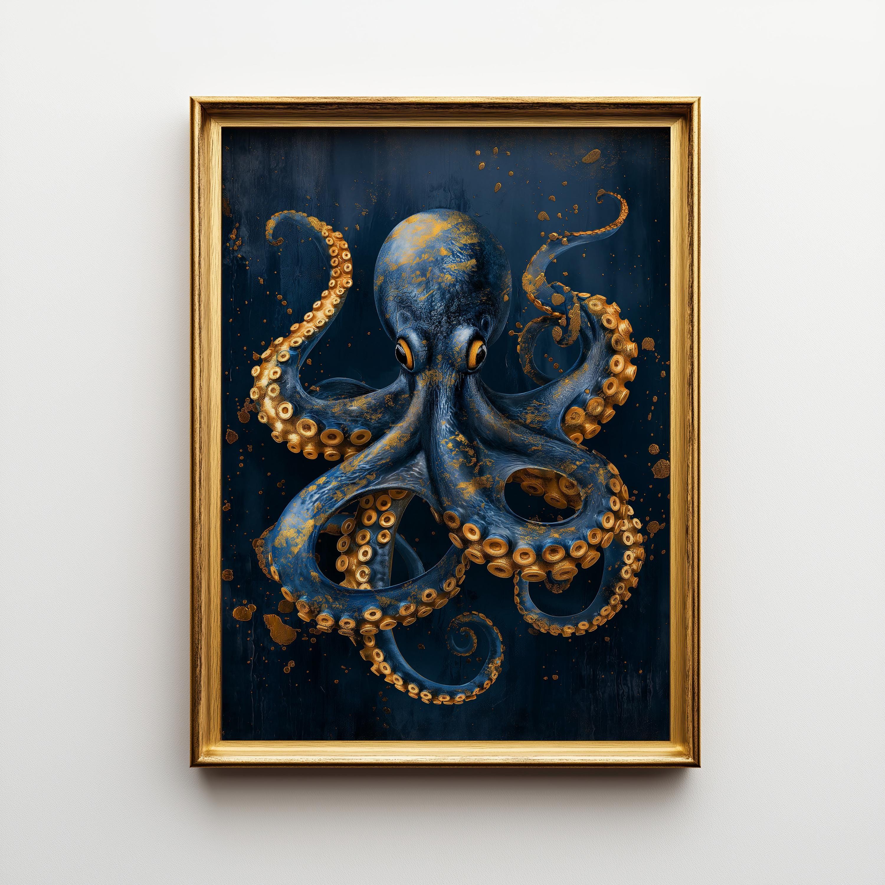 Octopus Wall Art Print, Nautical Coastal Décor, Blue and Gold Kraken Illustration, Maritime Study Artwork, Ocean Lover Gift