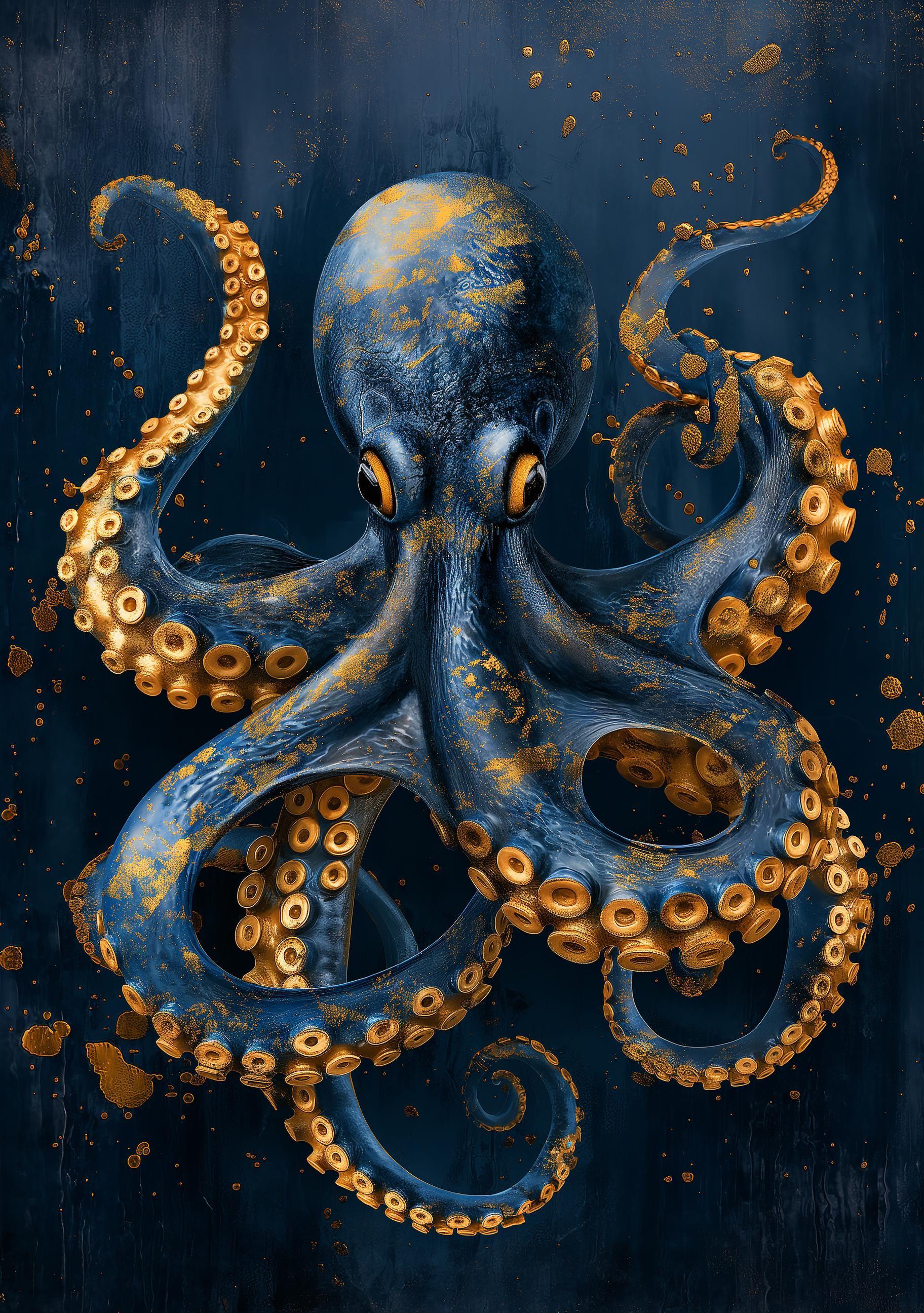 Octopus Wall Art Print, Nautical Coastal Décor, Blue and Gold Kraken Illustration, Maritime Study Artwork, Ocean Lover Gift