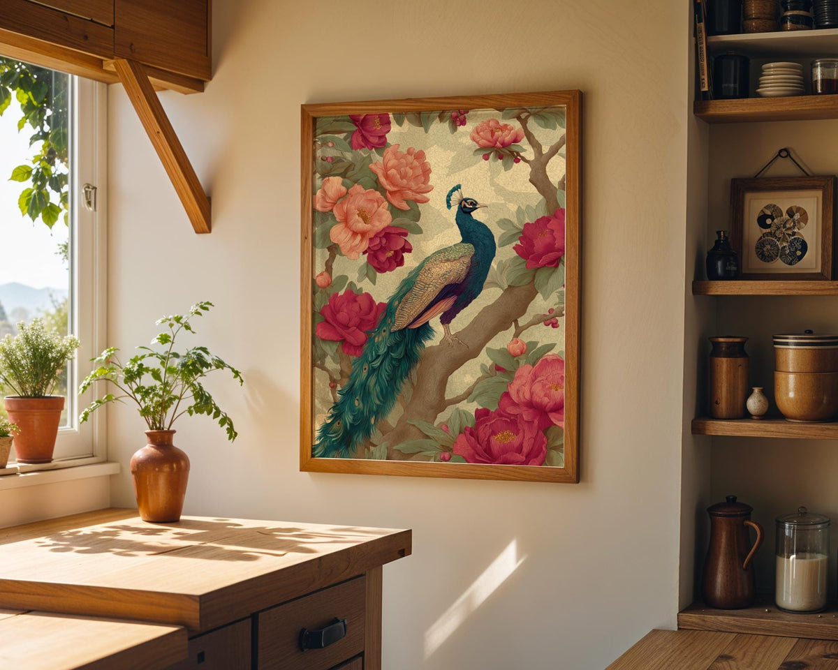 Chinoiserie Elegant Peacock & Peony Vintage Asian Floral Wall Art by The Wall Art Studio - physical