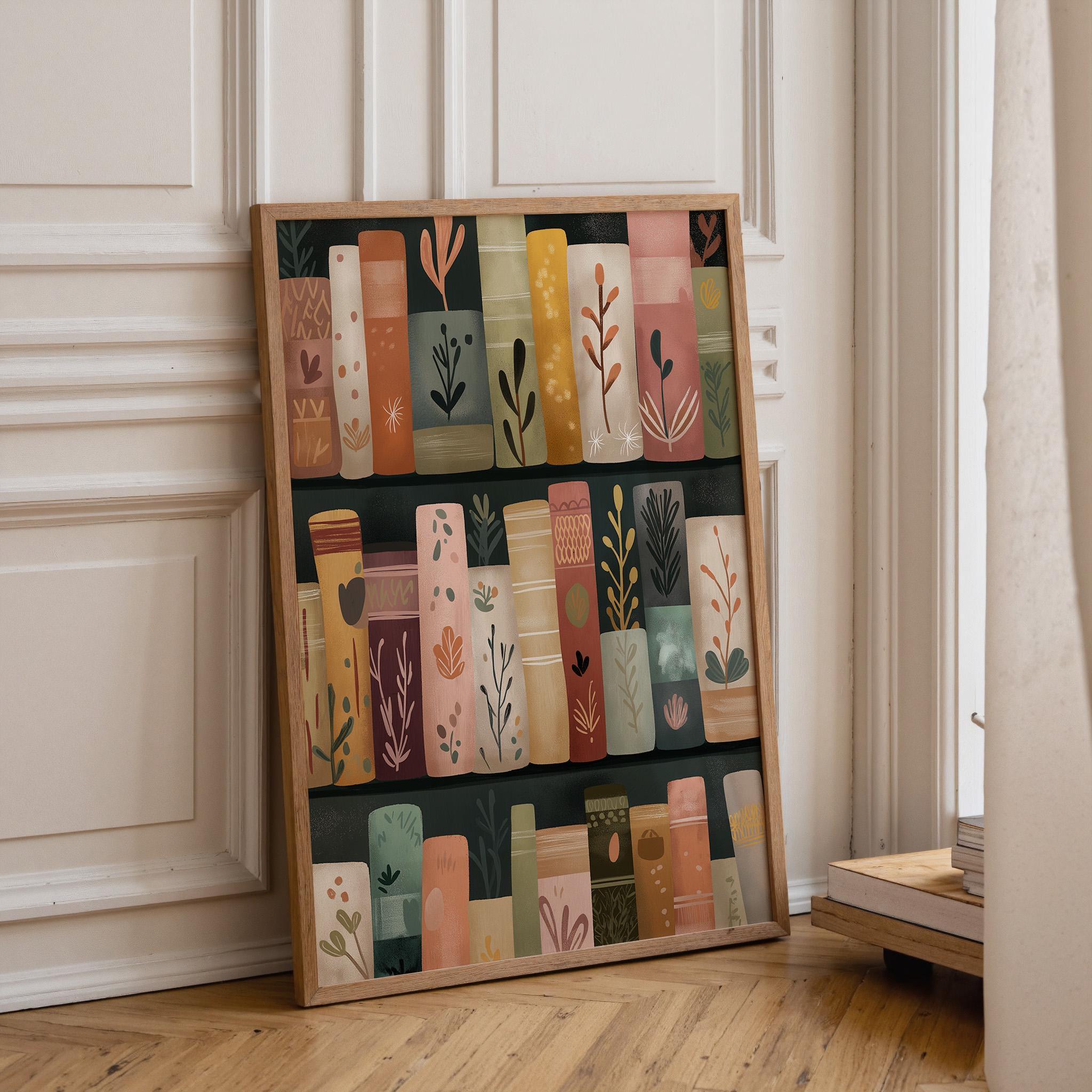 Whimsical Library Floral Bookshelf Botanical Book Lover Wall Art by The Wall Art Studio