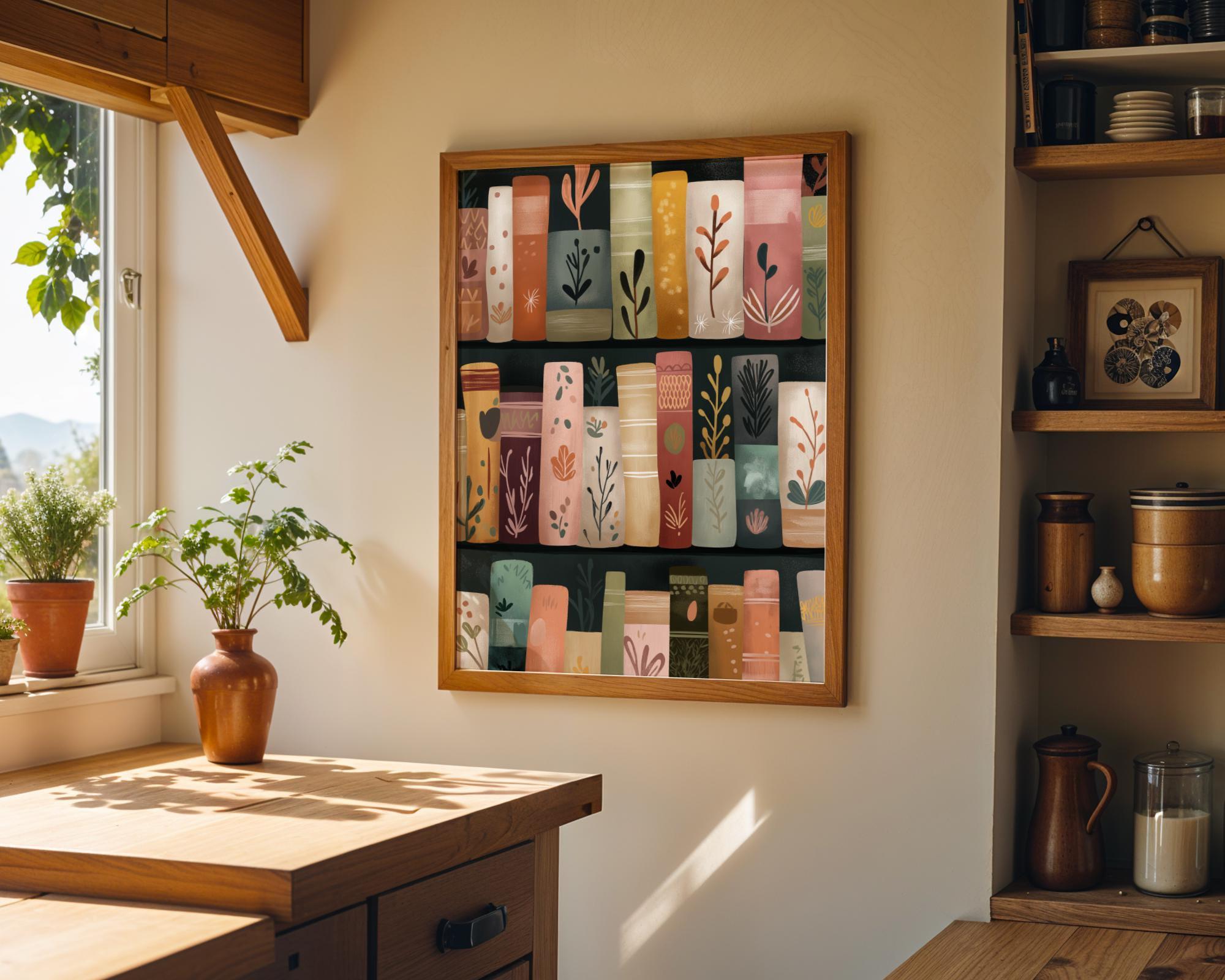 Whimsical Library Floral Bookshelf Botanical Book Lover Wall Art by The Wall Art Studio
