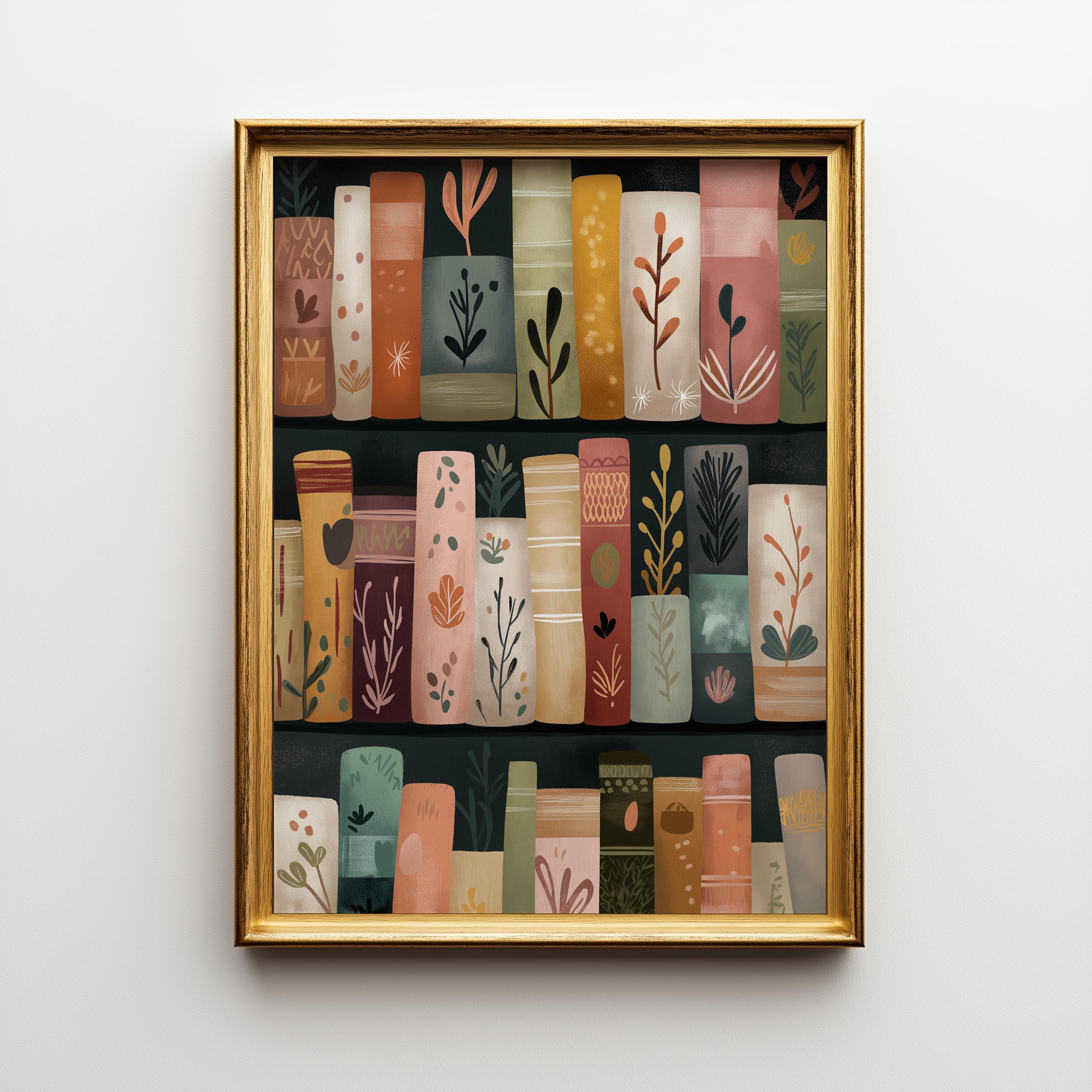 Whimsical Library Floral Bookshelf Botanical Book Lover Wall Art by The Wall Art Studio