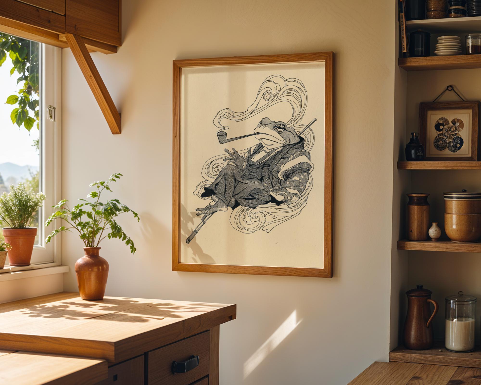 Japanese Whimsical Frog in Kimono Yokai-Inspired Asian Folklore Wall Art by The Wall Art Studio