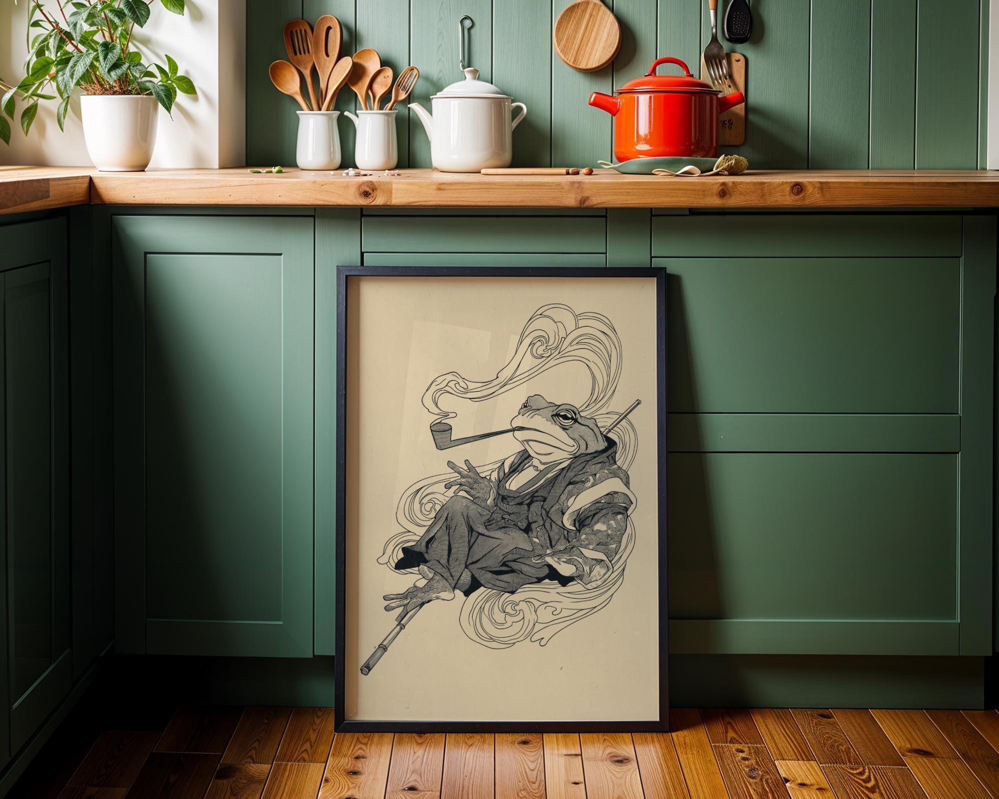 Japanese Whimsical Frog in Kimono Yokai-Inspired Asian Folklore Wall Art by The Wall Art Studio