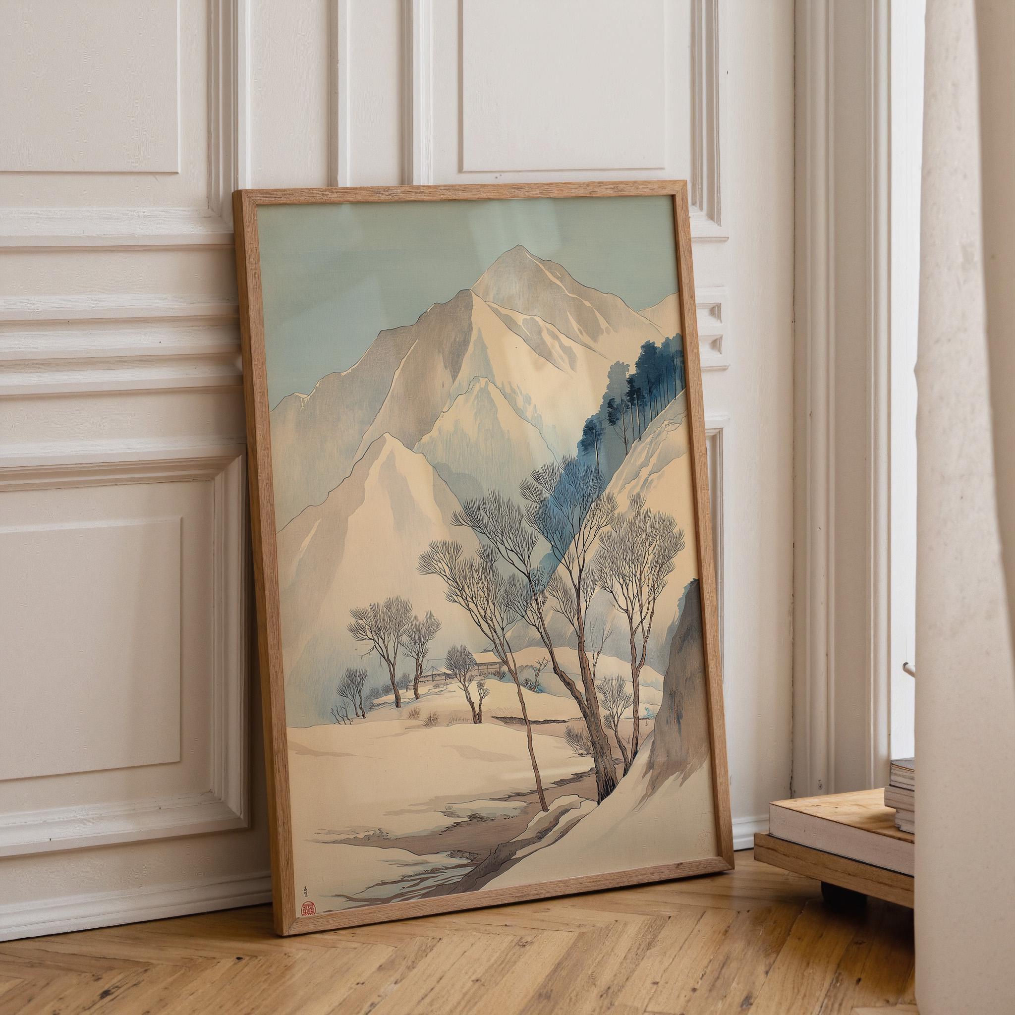Japanese Winter Mountain Minimalist Snow Landscape Wall Art by The Wall Art Studio