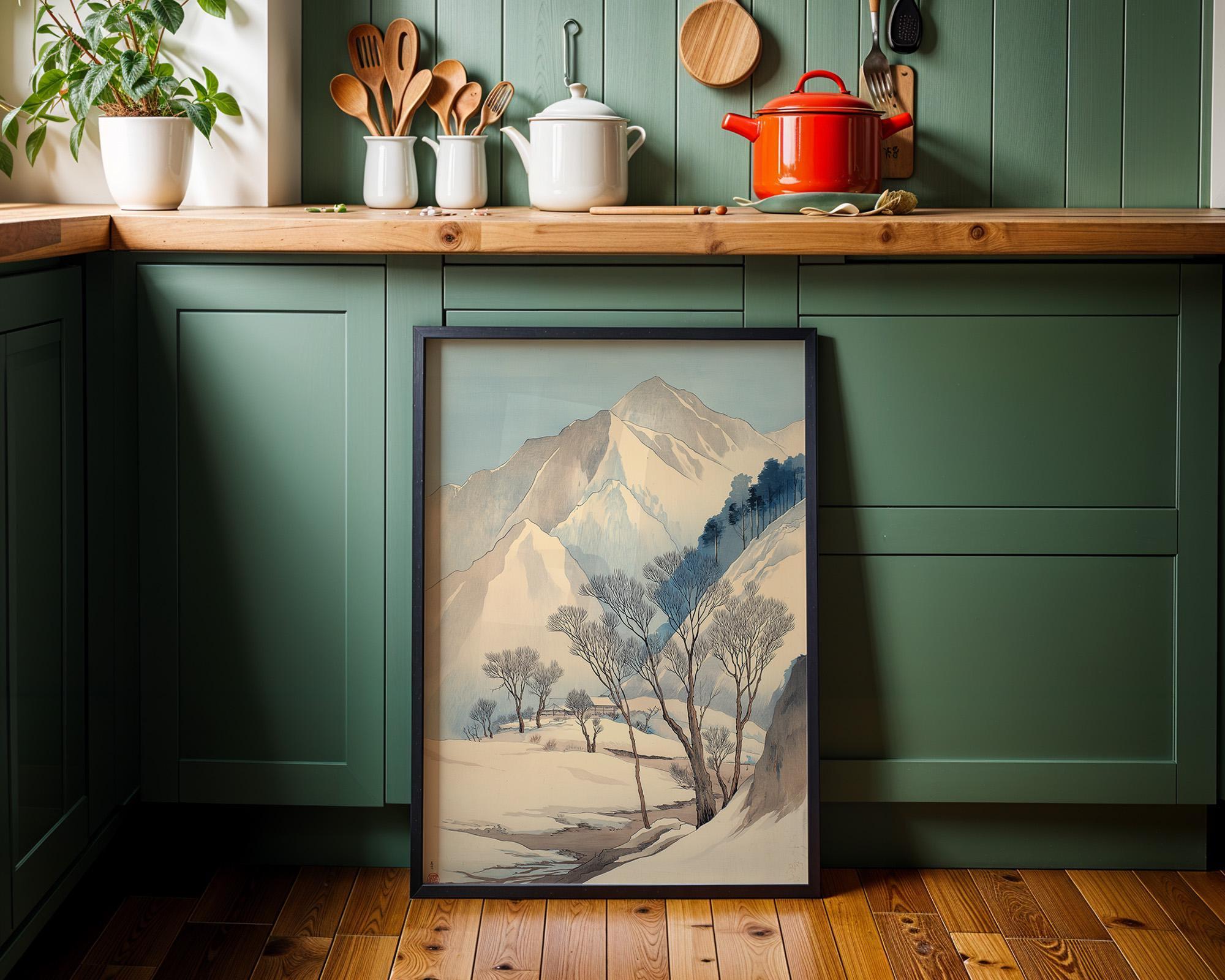Japanese Winter Mountain Minimalist Snow Landscape Wall Art by The Wall Art Studio