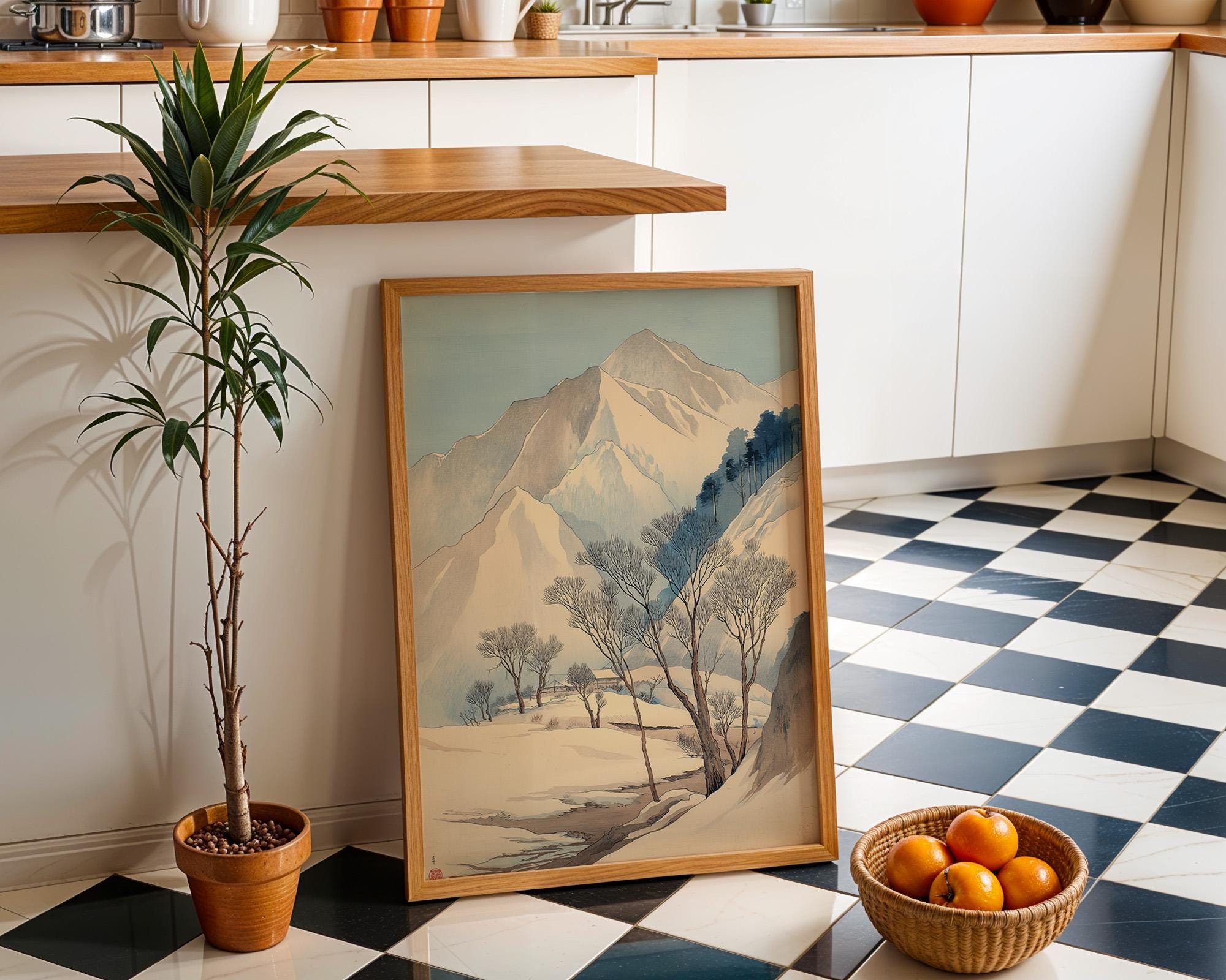 Japanese Winter Mountain Minimalist Snow Landscape Wall Art by The Wall Art Studio