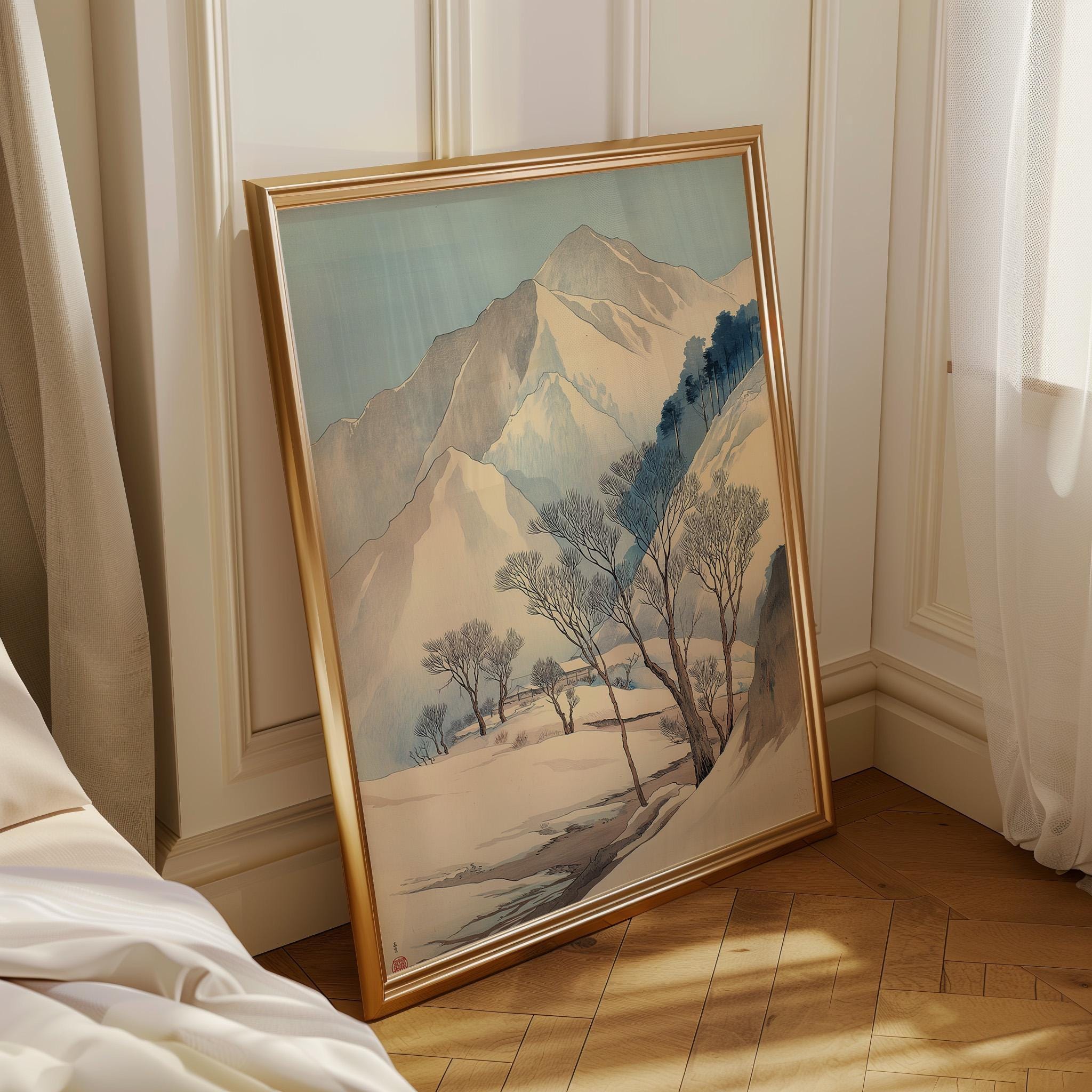 Japanese Winter Mountain Minimalist Snow Landscape Wall Art by The Wall Art Studio