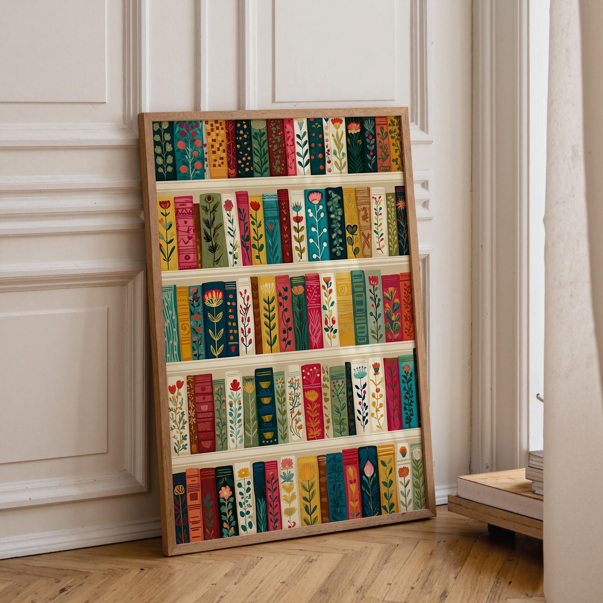 Floral Bookshelf Botanical Book Lover Whimsical Library Wall Art by The Wall Art Studio