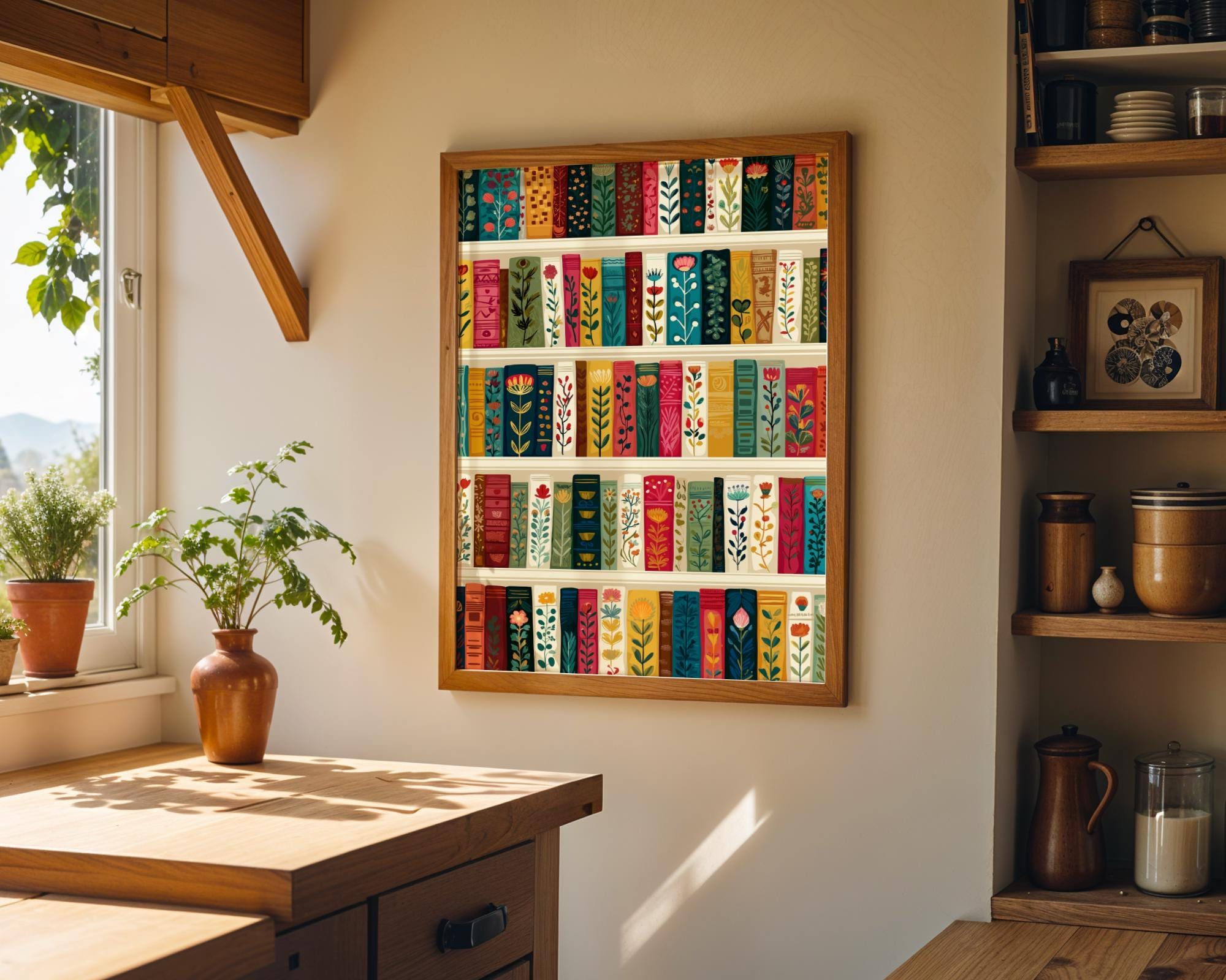 Floral Bookshelf Botanical Book Lover Whimsical Library Wall Art by The Wall Art Studio