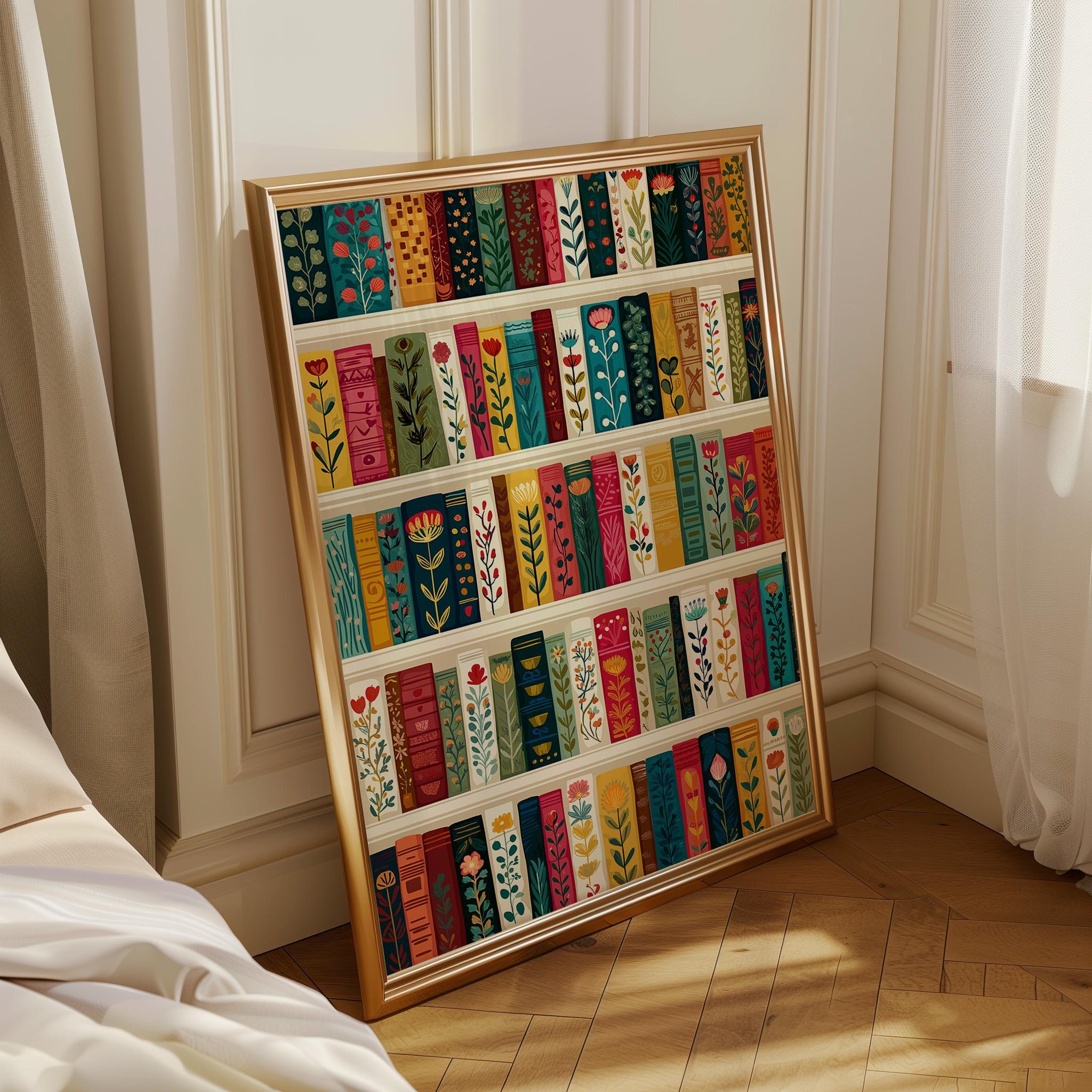 Floral Bookshelf Botanical Book Lover Whimsical Library Wall Art by The Wall Art Studio