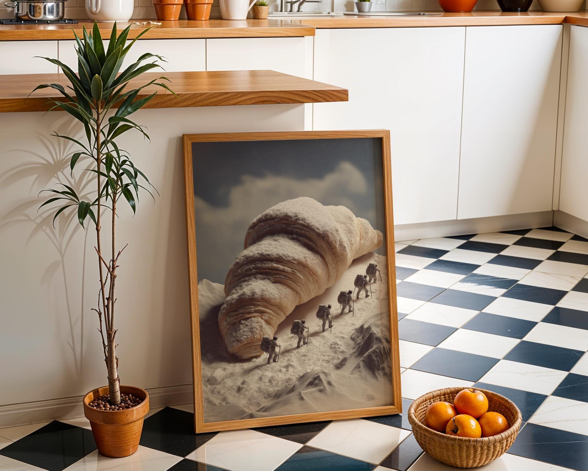 Surreal Croissant Mountain Climbers Whimsical Food Landscape Wall Art