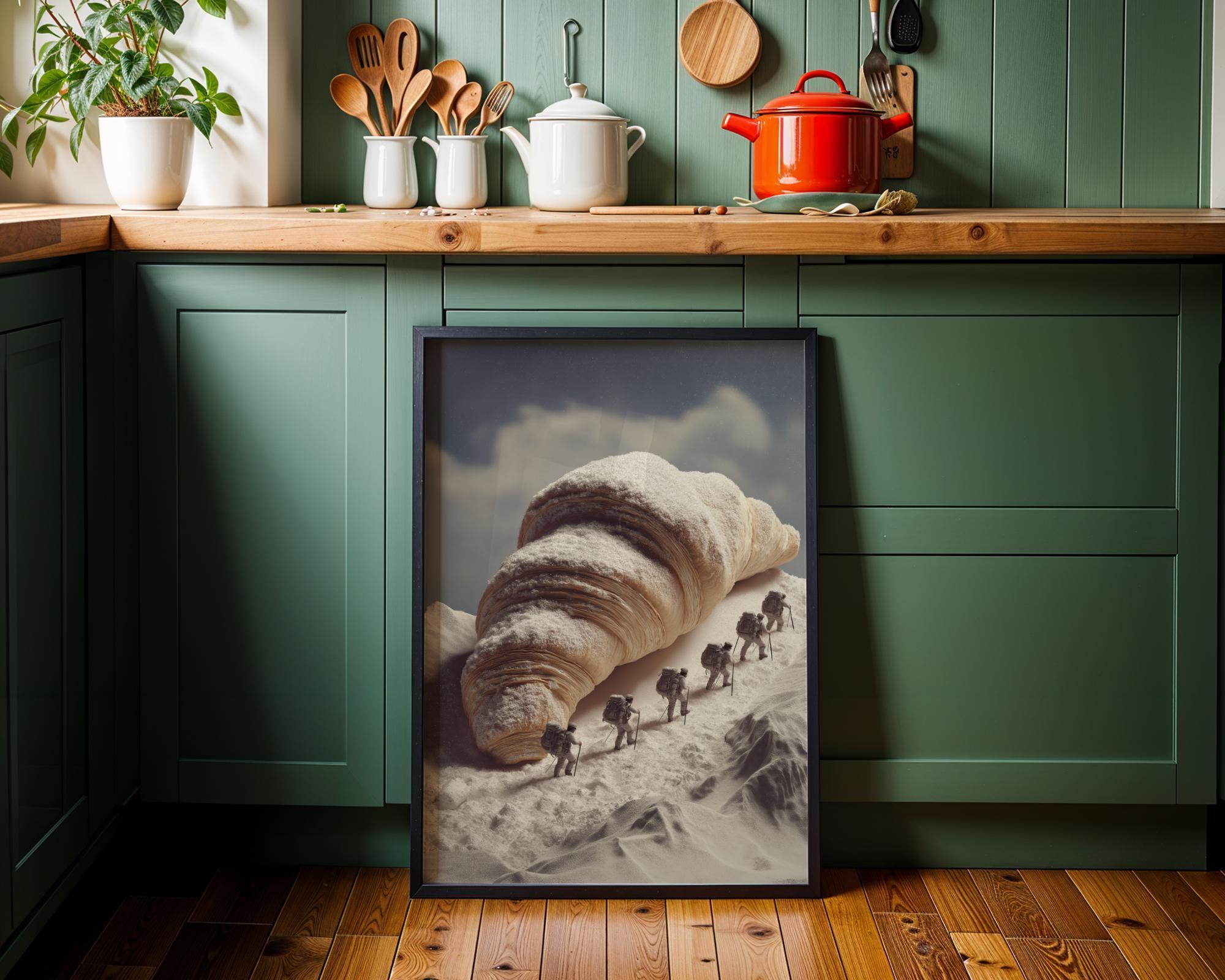 Surreal Croissant Mountain Climbers Whimsical Food Landscape Wall Art